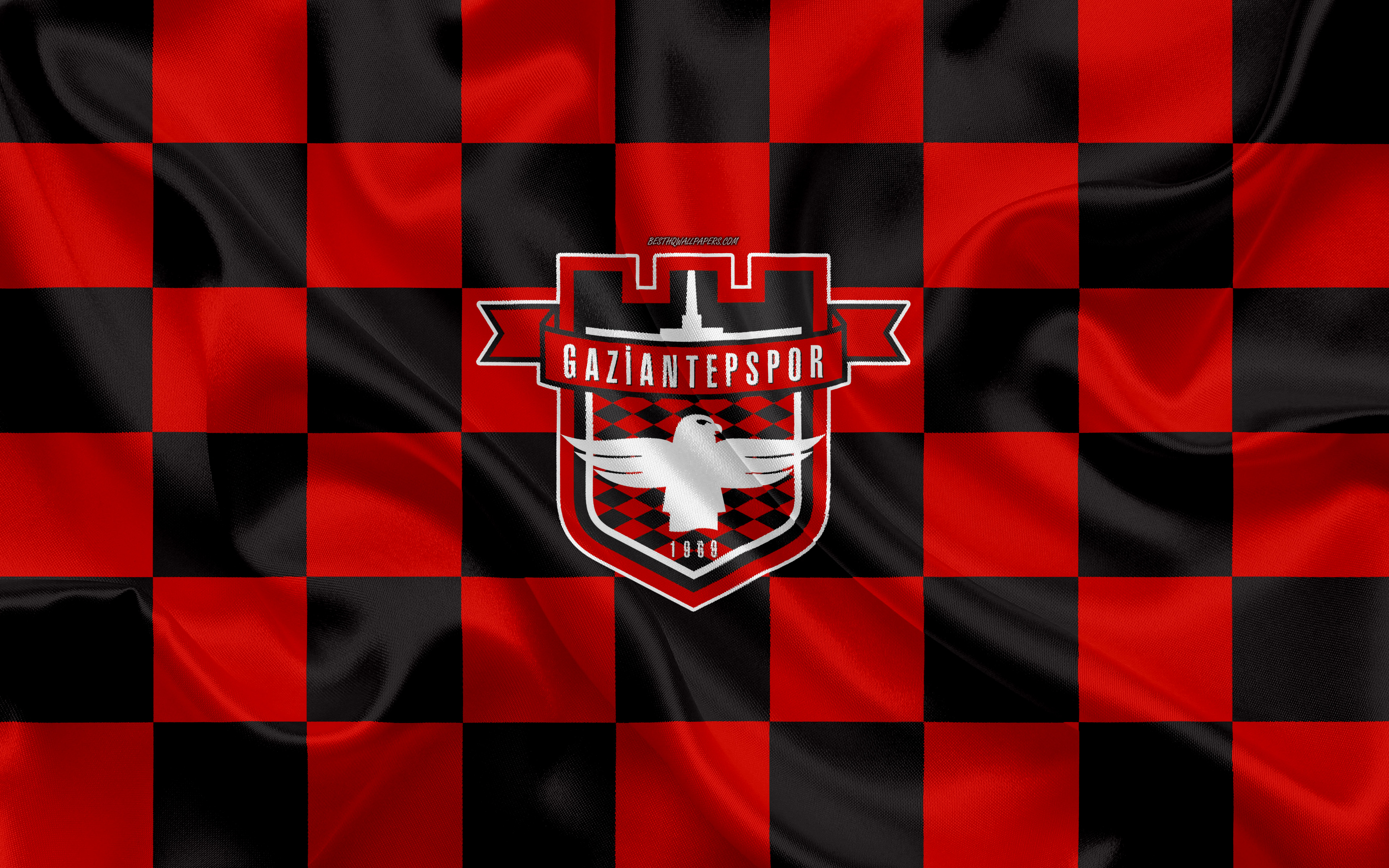 Download wallpaper Gaziantepspor, Gazisehir Gaziantep FK, 4k, logo, creative art, red black checkered flag, Turkish football club, Turkish 1 Lig, emblem, silk texture, Gaziantep, Turkey, football for desktop with resolution 3840x2400. High
