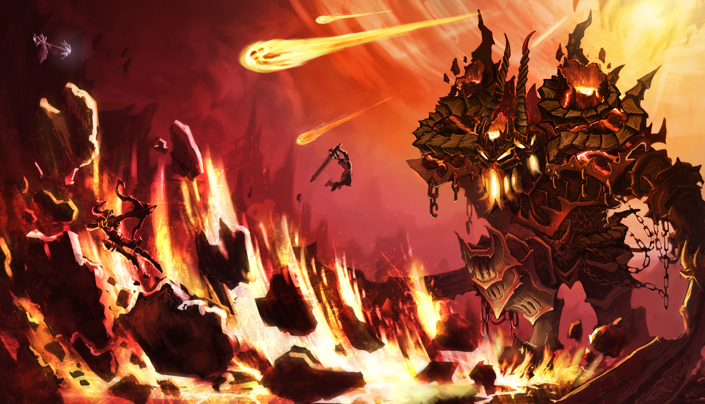 Fantasy art dark horror demon monster fire warrior weapon sword magic hell wallpaperx1606