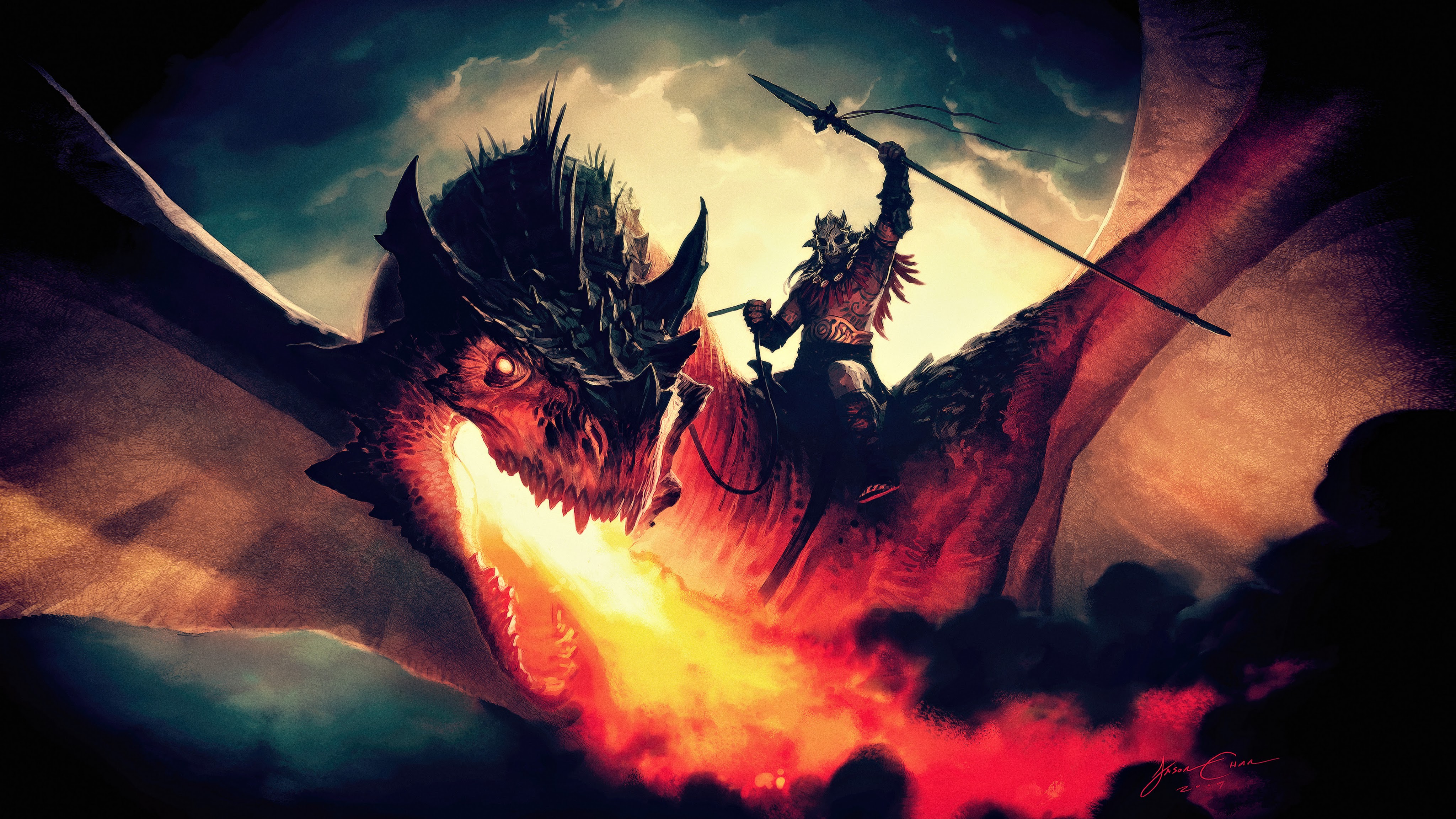Dragon Fire Breath Fantasy Warrior 4K Wallpaper