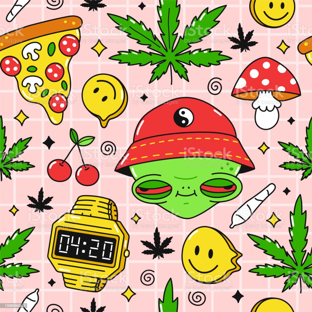 Psychedelic Trippypizzz 420 Seamless Pattern Alien With Red Eyes420 On Clock Weed Marijuana Leafs Vector Cartoon Character Illustration Design Trippy Alienmushroomcannabis Pattern Art Concept Stock Illustration Image Now