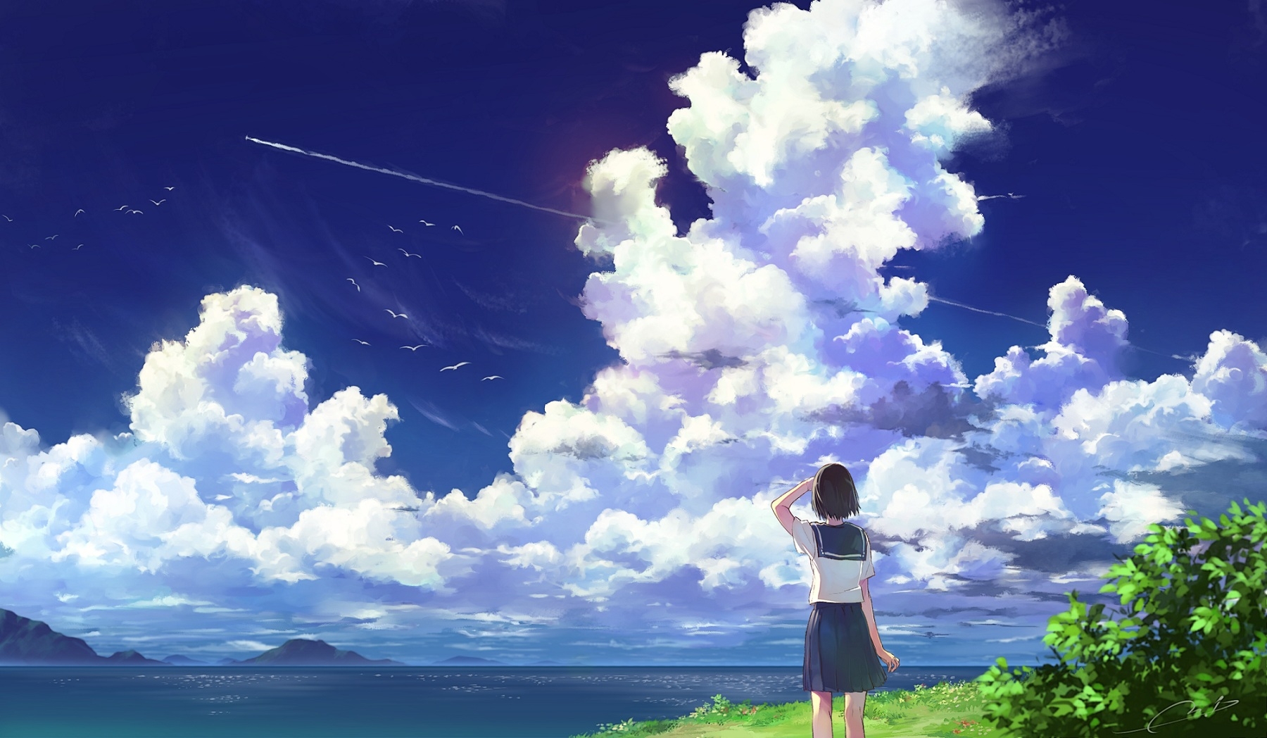 Download 320x480 Anime School Girl, Anime Landscape, Clouds, Scenic, Summer Wallpaper for iPhone 3GS