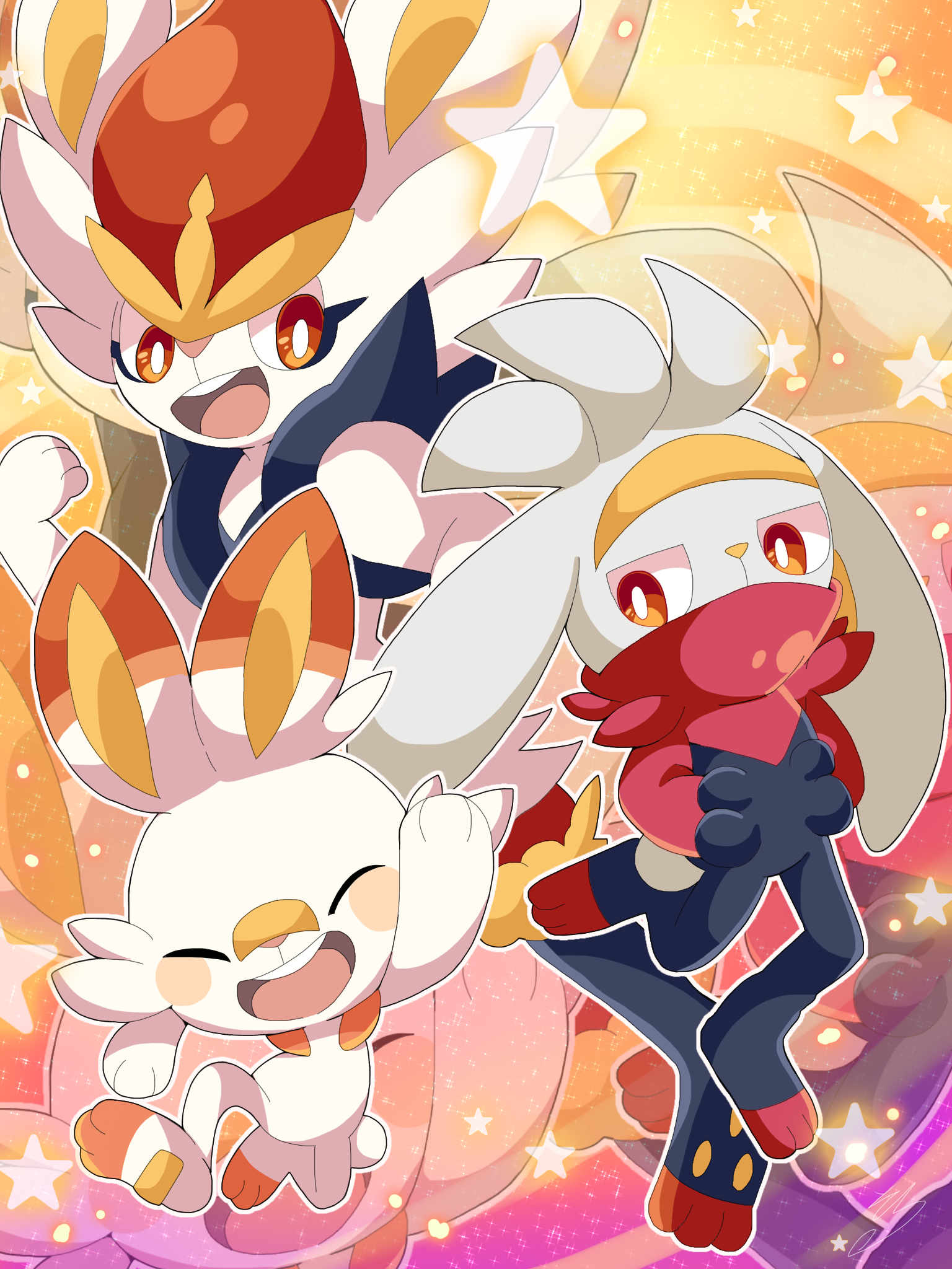 scorbunny, cinderace, and raboot (pokemon) drawn