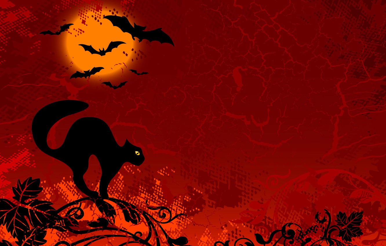 Wallpaper cat, black, figure, branch, mouse, red background, Halloween image for desktop, section праздники