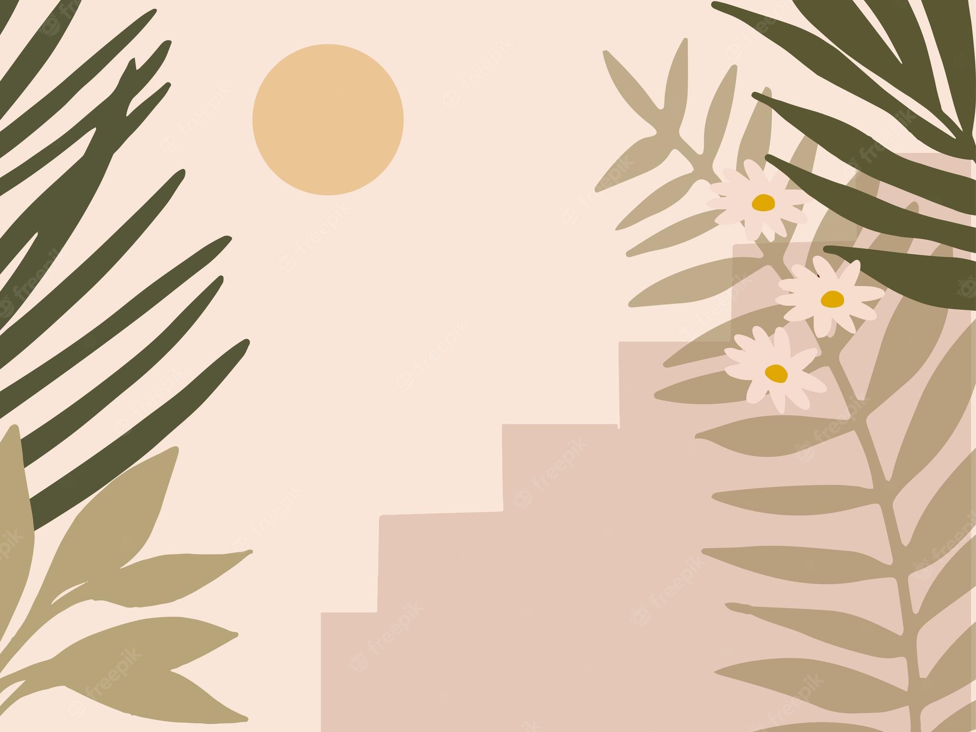Premium Vector. Hand drawn summer background with tropical plants and flowers floral wallpaper in cartoon style