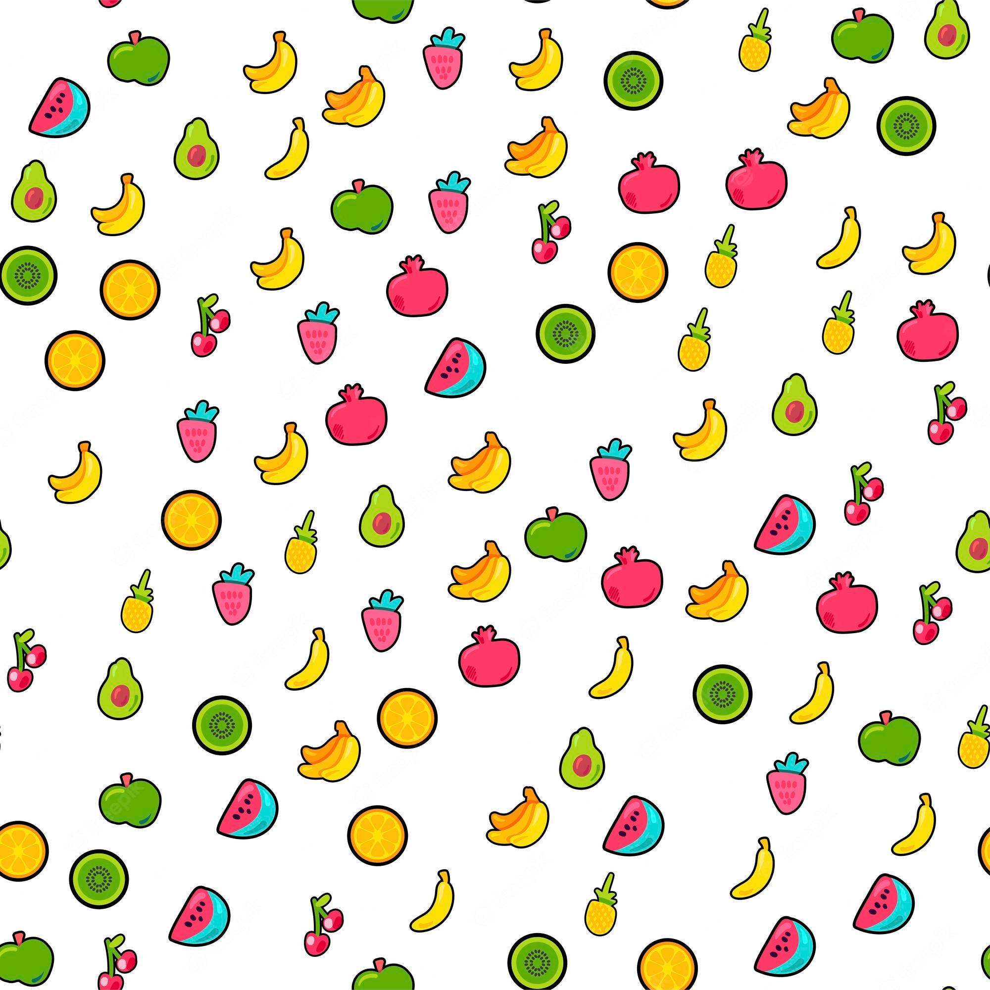 Premium Vector. Bright summer juicy fruit painted seamless pattern. fun kid style repeat background. tropical print with white backdrop. colorful nature wallpaper. flat cartoon vector illustration