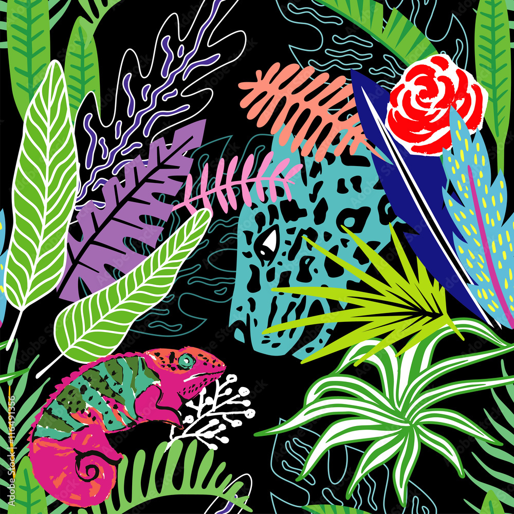 Exotic animals leopard and chameleon in the exclusive tropic jungle hand drawn cartoon style. Print summer floral plant. Nature trendy wallpaper. Seamless vector pattern Stock Vector