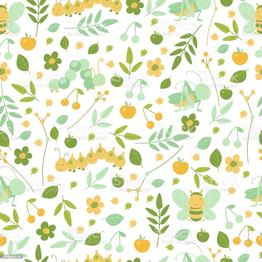 Bees And Grasshoppers And Leaves Seamless Pattern In Bright Colors For Kids Design Cartoon Cute Smiling Animals Repeat Background For Wallpaper And Textile Autumn Or Summer Decor Vector Illustration Cartoon Flat Style