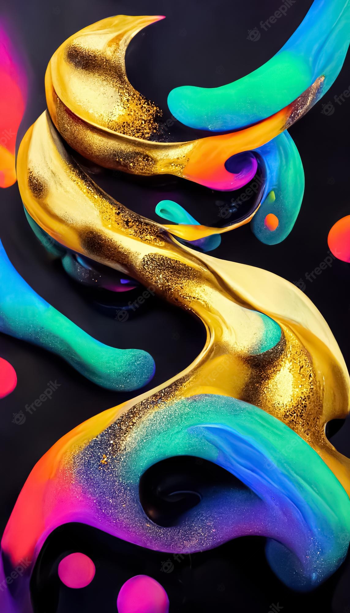 Premium Photo. Creative colorful neon gold abstract dynamic twisted fluid liquid shape background 3D illustration