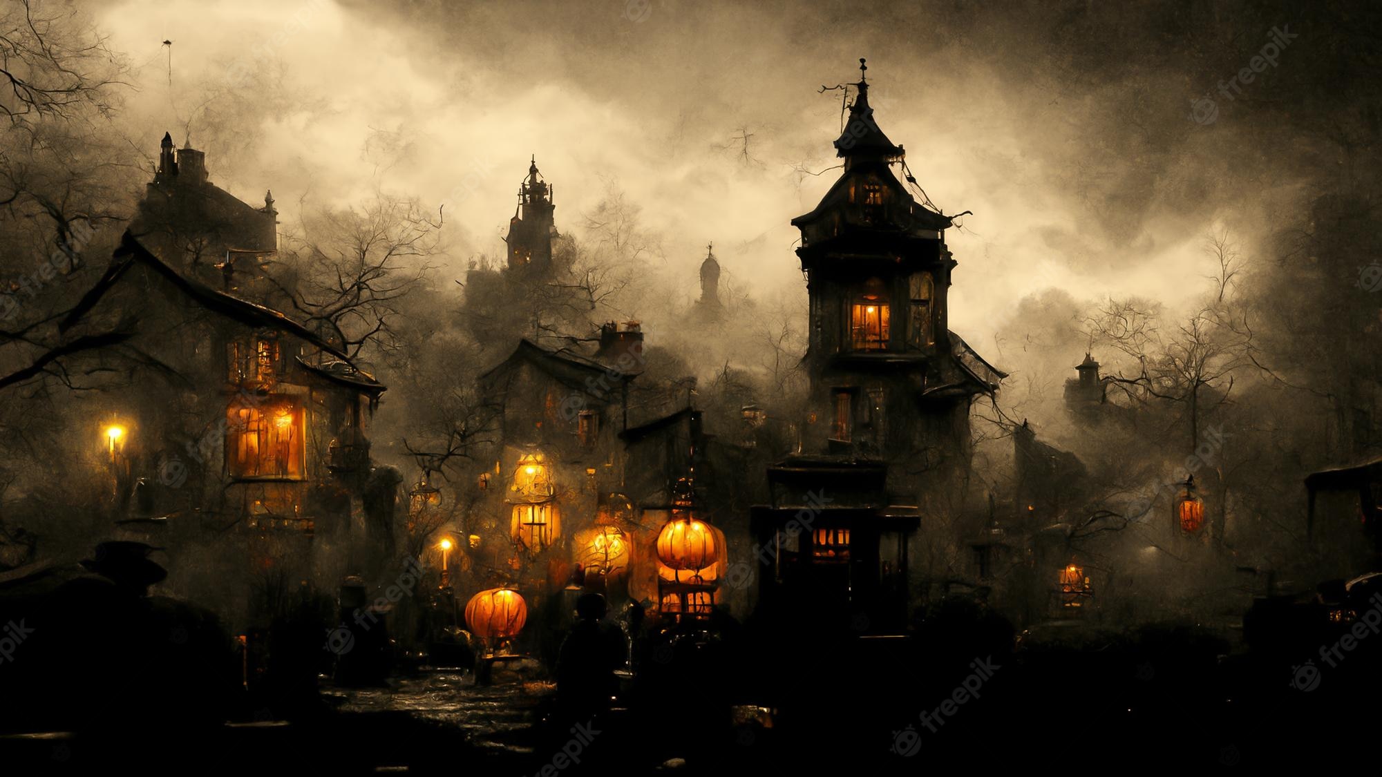 Premium Photod illustration of a halloween concept dark background of a castle and graveyard horror background