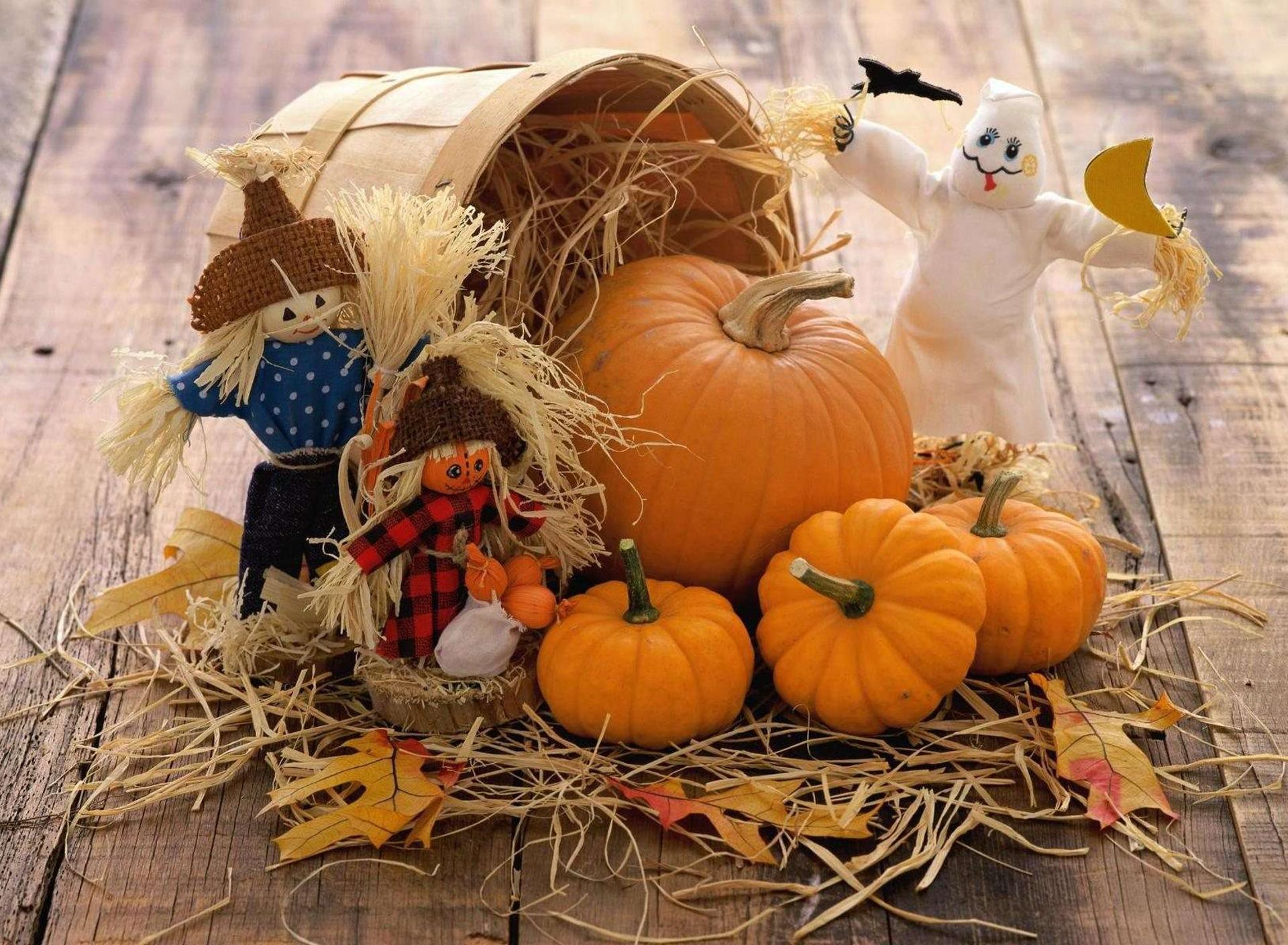 Funny scarecrow and Halloween pumpkins