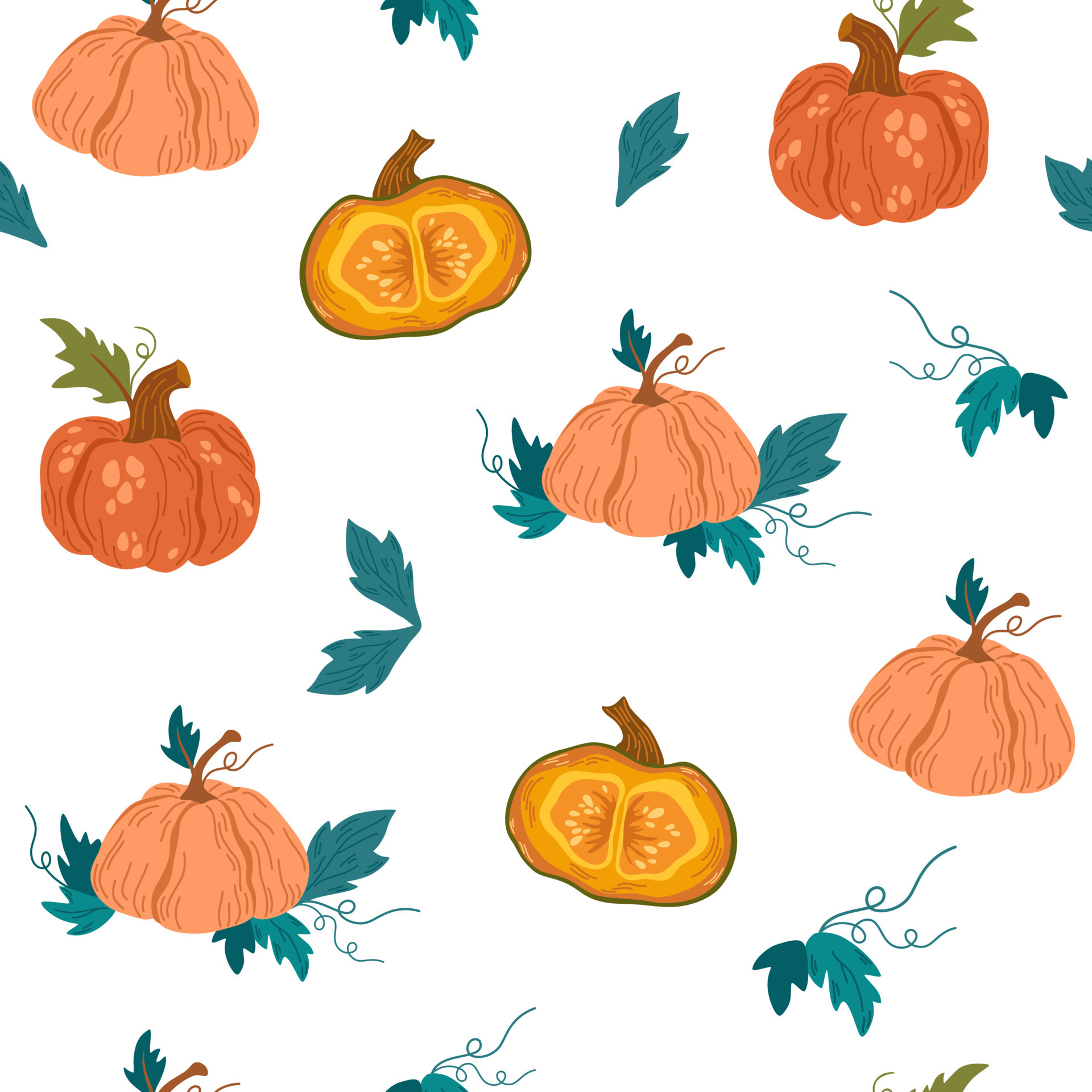 Pumpkins seamless pattern. Autumn, fall, thanksgiving and halloween decoration. Pumpkin shapes with leaves, half and slices. Perfect for texture for fabric, textile, wrapping paper, wallpaper. Vector