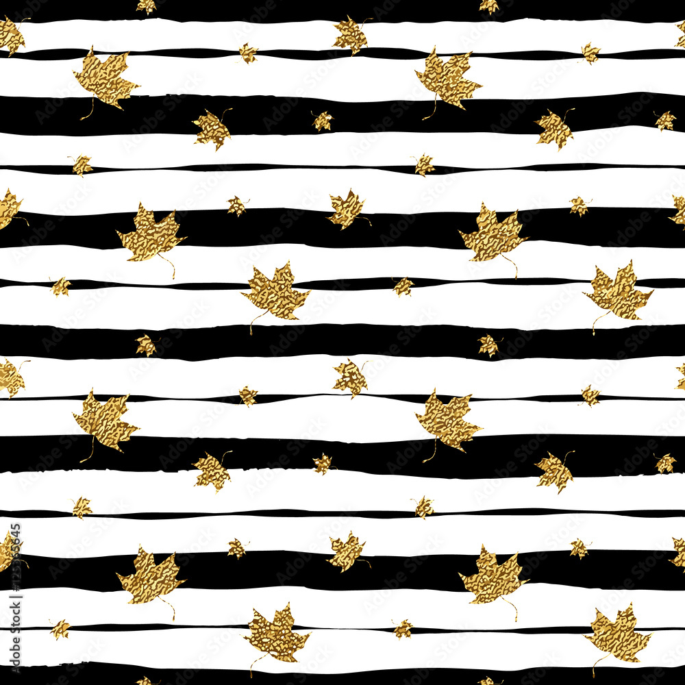 Gold autumn leaves seamless pattern on striped background, grunge autumnal linear background with golden glitter leaf maple, shiny vector for invitation, card, web, paper, wrapping, wallpaper Stock Vector