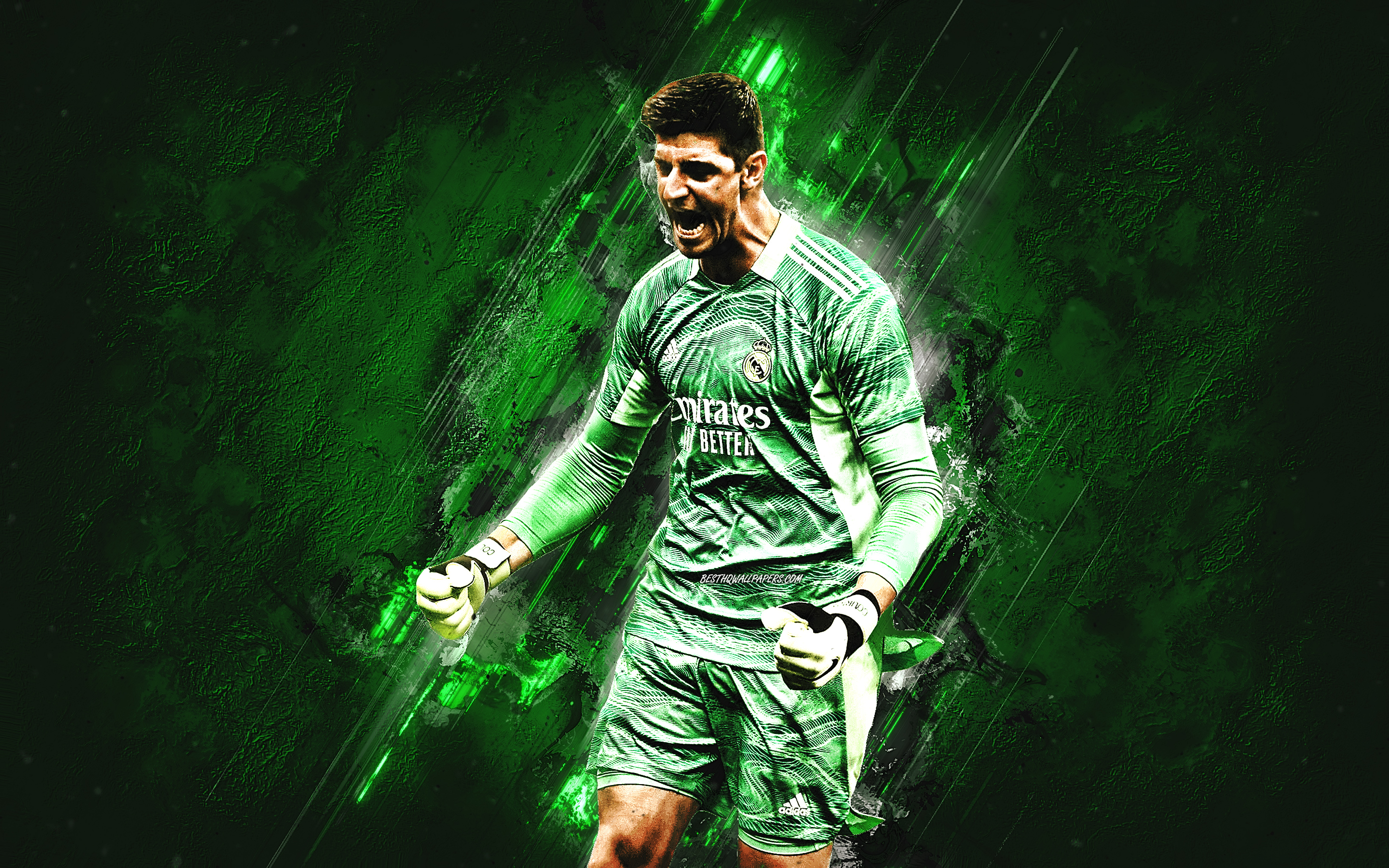 Download wallpaper Thibaut Courtois, Real Madrid, Belgian footballer, goalkeeper, green stone background, football, La Liga, Spain for desktop with resolution 2880x1800. High Quality HD picture wallpaper