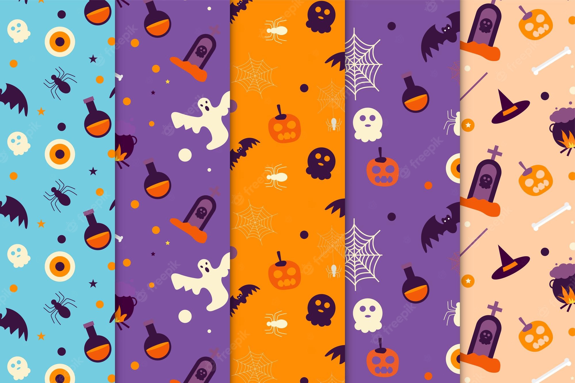 Premium Vector. Halloween seamless pattern collection on purple and orange background abstract halloween pattern bundle for book covers and wallpaper halloween pattern set with ghosts and witchcraft elements