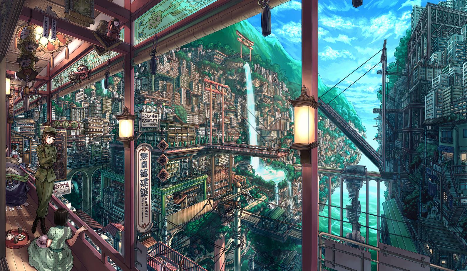 Floating Anime City Wallpaper