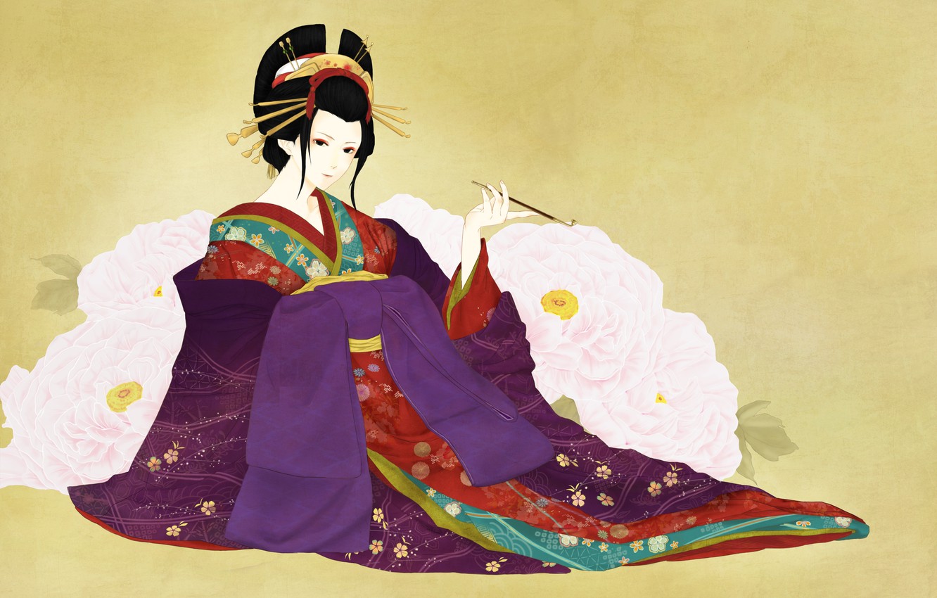 Wallpaper girl, flowers, background, art, geisha, mouthpiece, kimono, peonies image for desktop, section стиль
