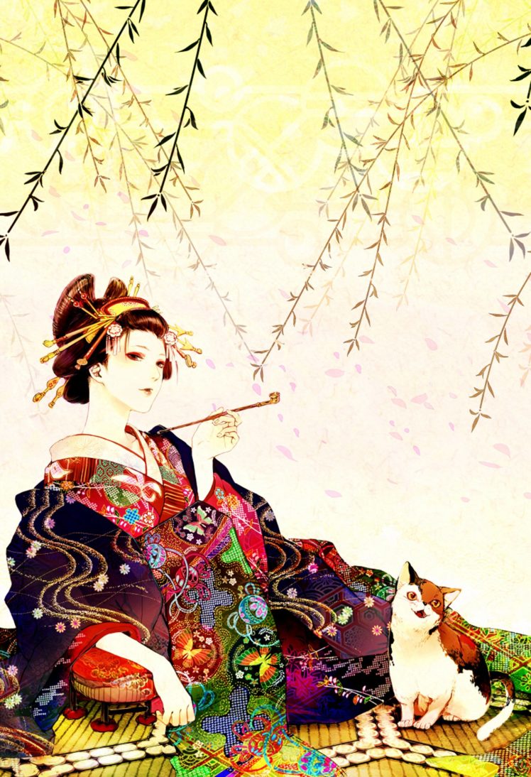 anime, Girl, Cat, Animal, Kimono, Smoking, Design Wallpaper HD / Desktop and Mobile Background