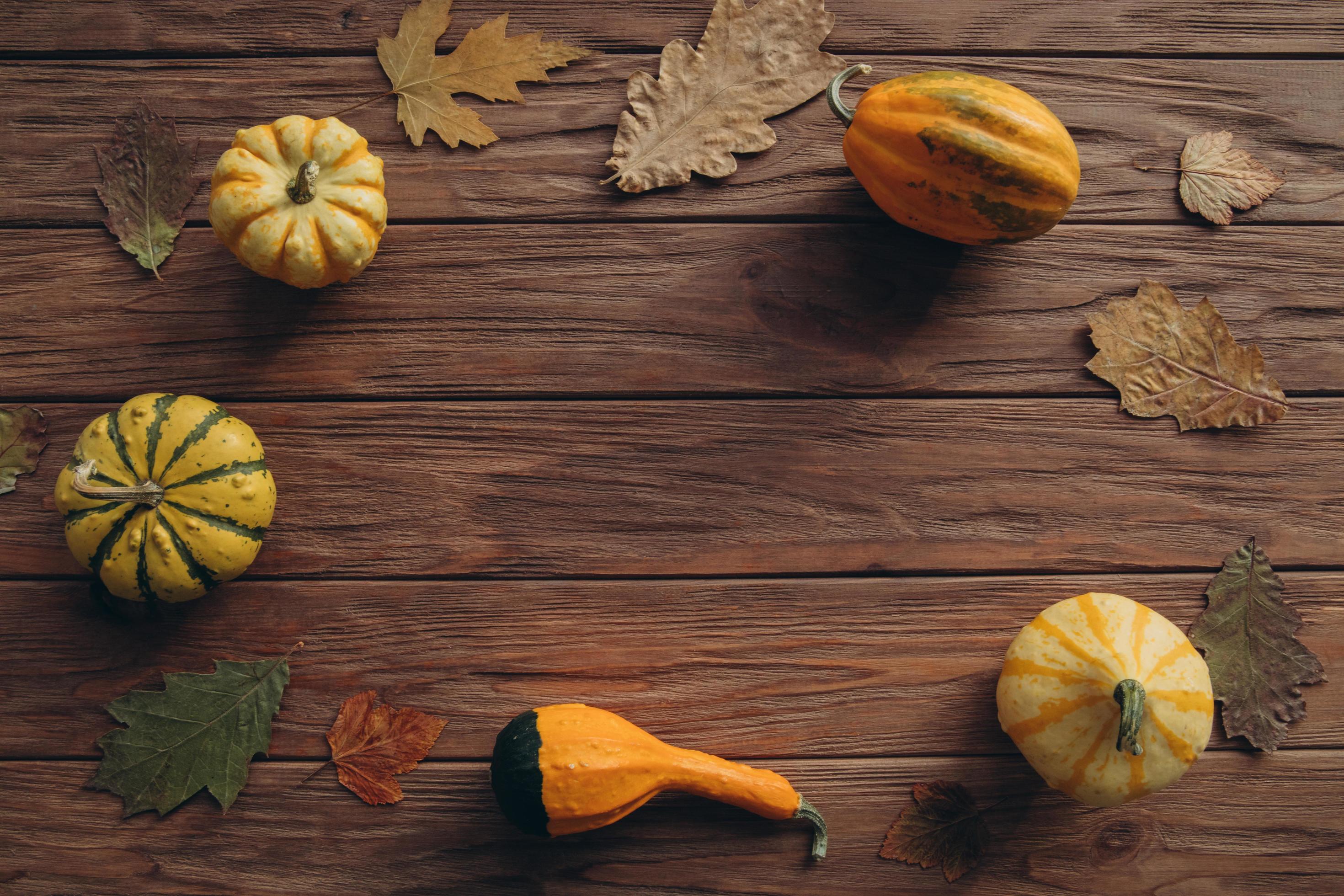 Produce pumpkins, autumn leaves on wood table