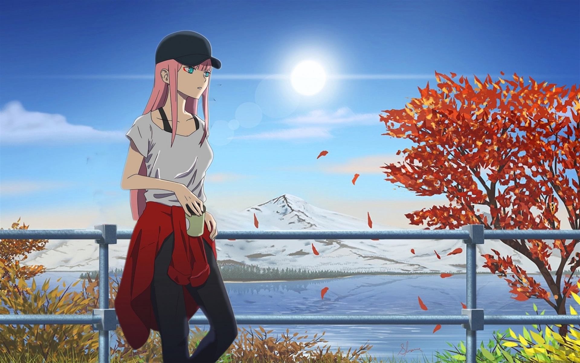 Download wallpaper Darling In The Frankxx, Zero Two, art, Japanese mountain landscape, main character, Japanese manga for desktop with resolution 1920x1200. High Quality HD picture wallpaper