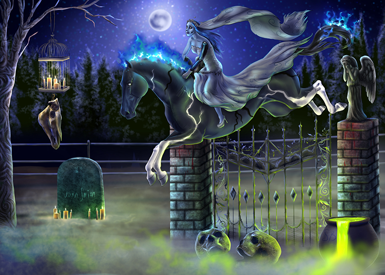 Photo Horses Gothic Fantasy Fantasy Halloween Jump Moon Fence night
