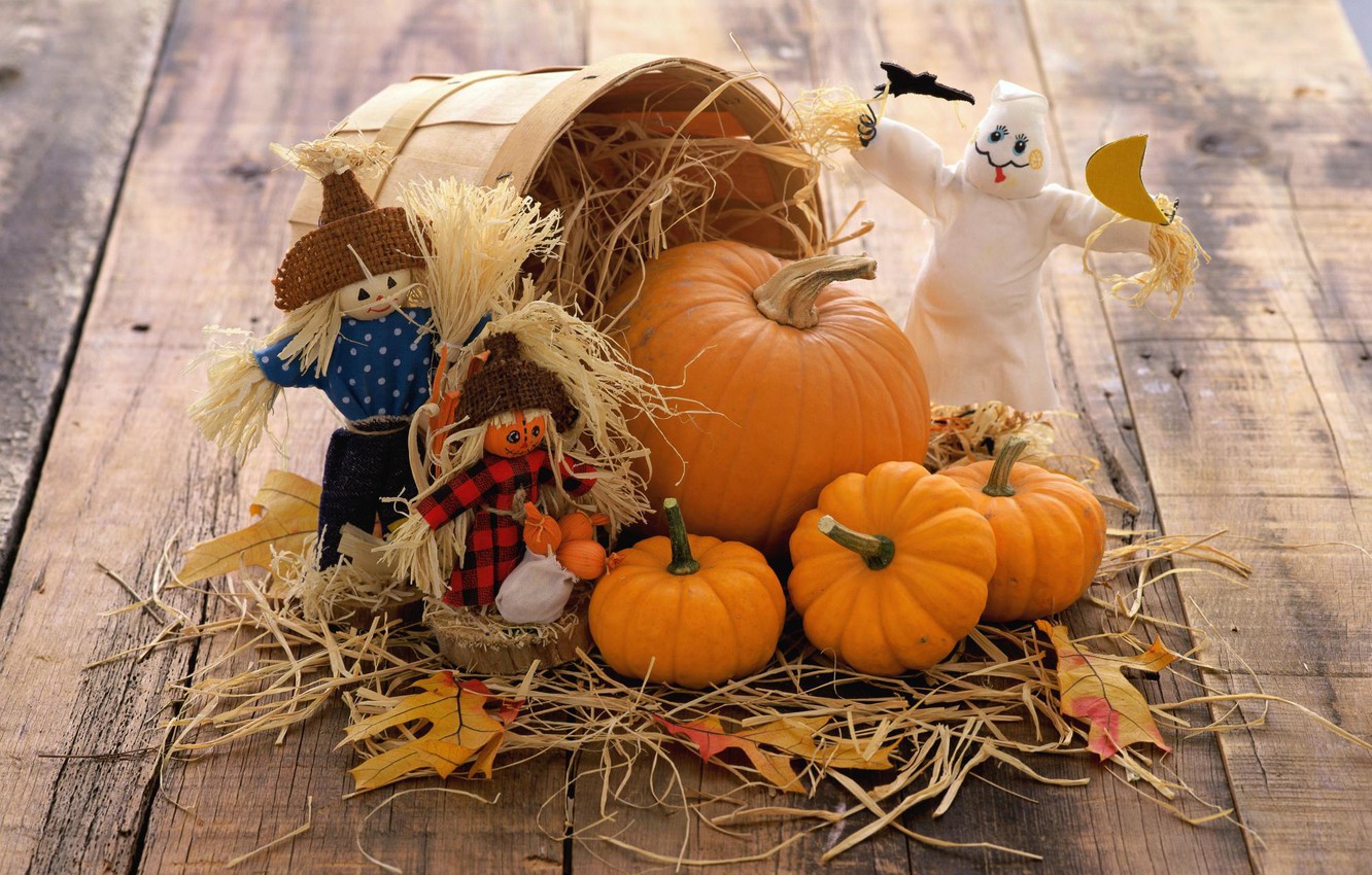 Wallpaper autumn, basket, toys, Board, pumpkin, straw, vegetables image for desktop, section разное