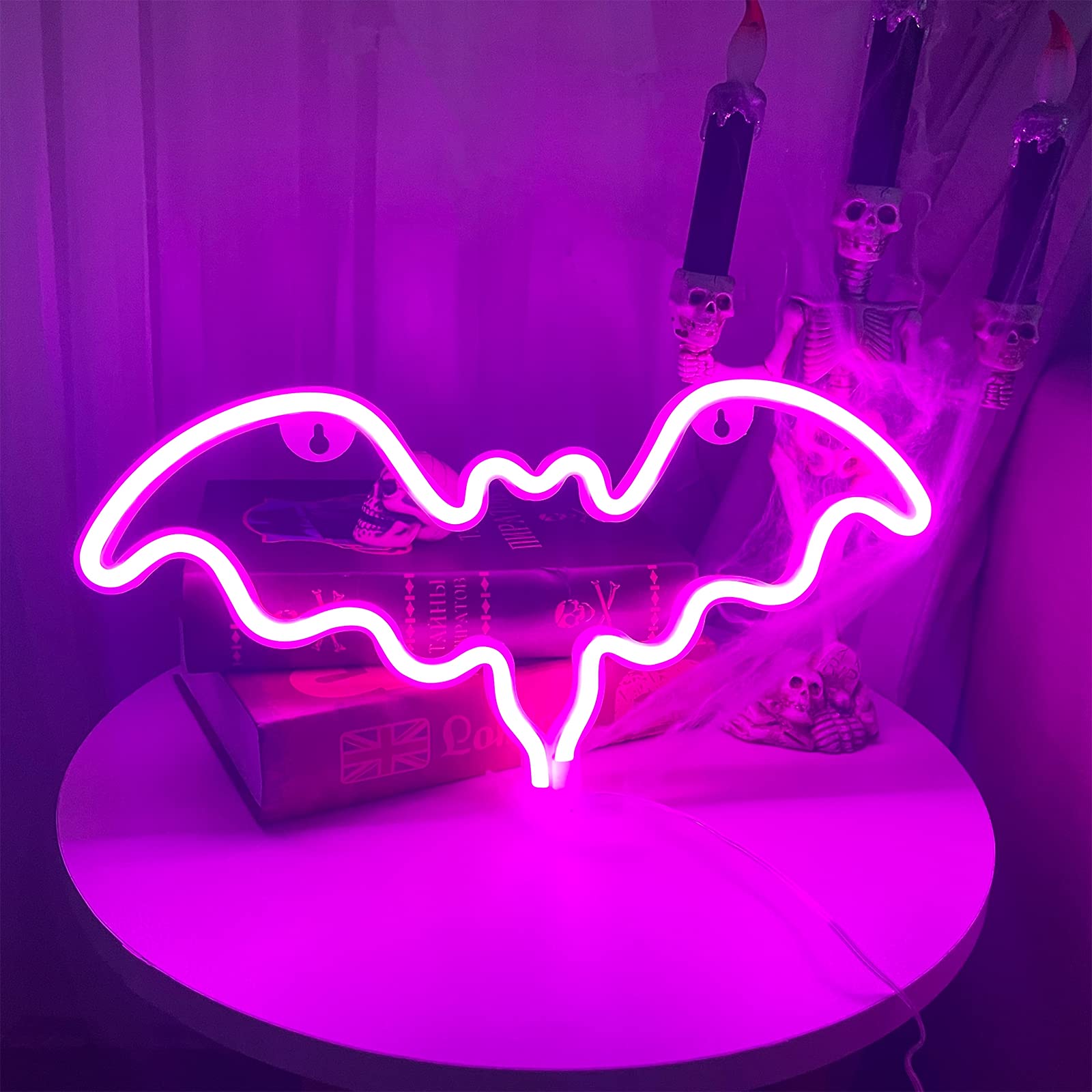 TURNMEON Halloween Bat Lights Neon Sign, Battery or USB Powered Halloween Decorations Hanging LED Neon Lights for Bedroom Scary Halloween Party Decorations Indoor Home Wall Party Kids Room Bar (Pink)