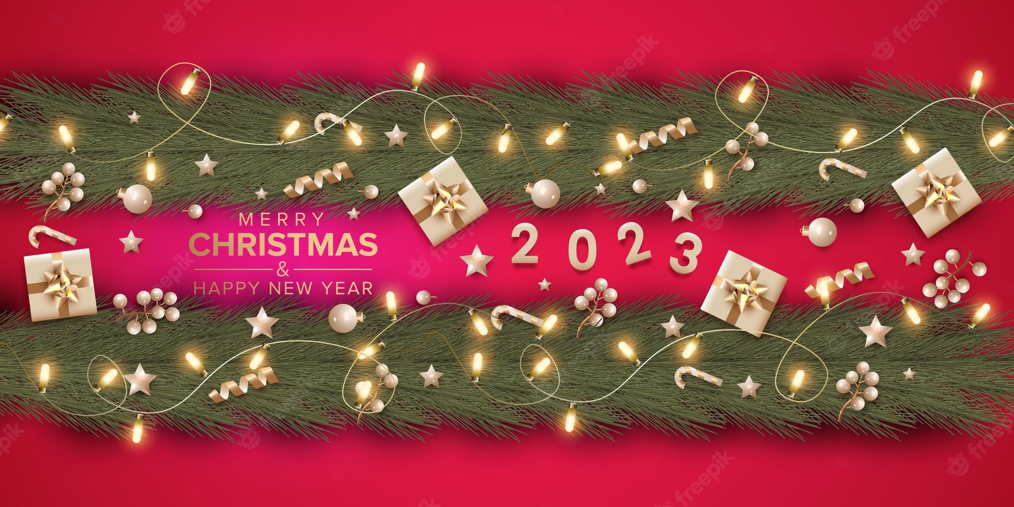 Premium Vector. Merry christmas and happy new year 2023 with realistic decoration on red background