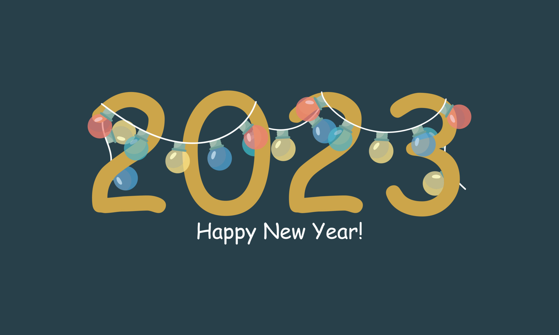 Merry Christmas and Happy New Year design with 2023 numbers and garland of light bulbs. Vector illustration