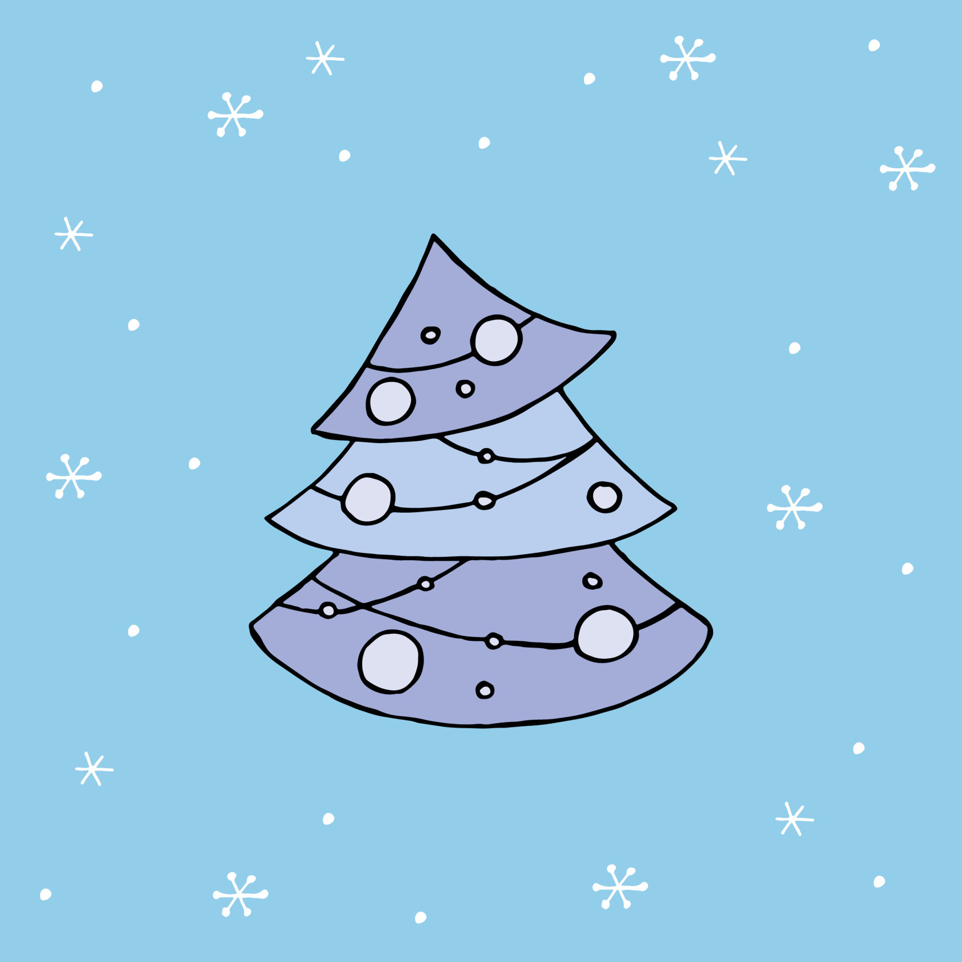 A Hand Drawn Christmas Tree. Colored Vector Illustration In Doodle Style. Winter Mood. Hello 2023. Merry Christmas And Happy New Year. Blue Tree With Toys On A Background With A Snowflakes. Vector