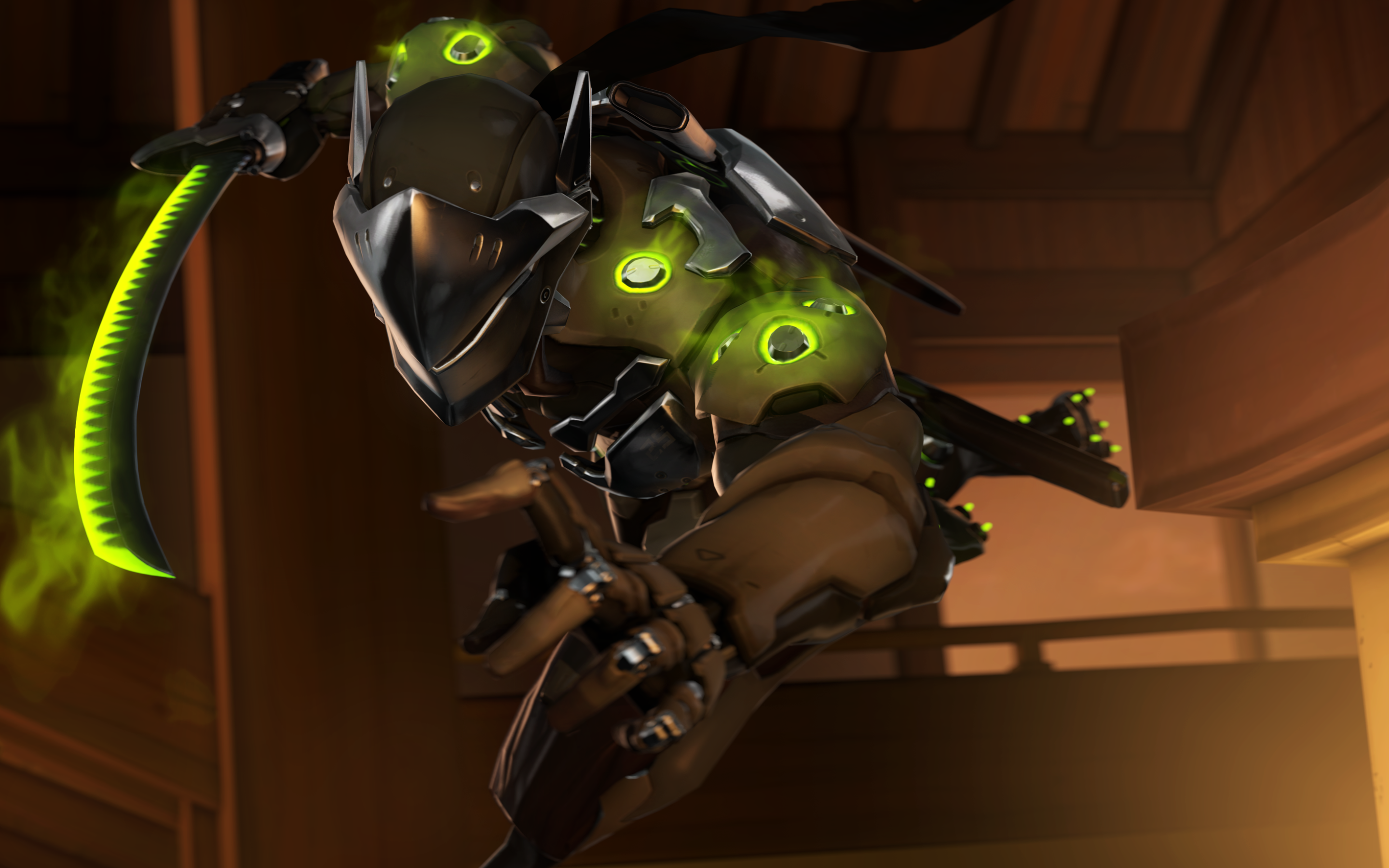 Download wallpaper Genji with sword, 4k, fighter, cyber warriors, Genji, Overwatch for desktop with resolution 2880x1800. High Quality HD picture wallpaper