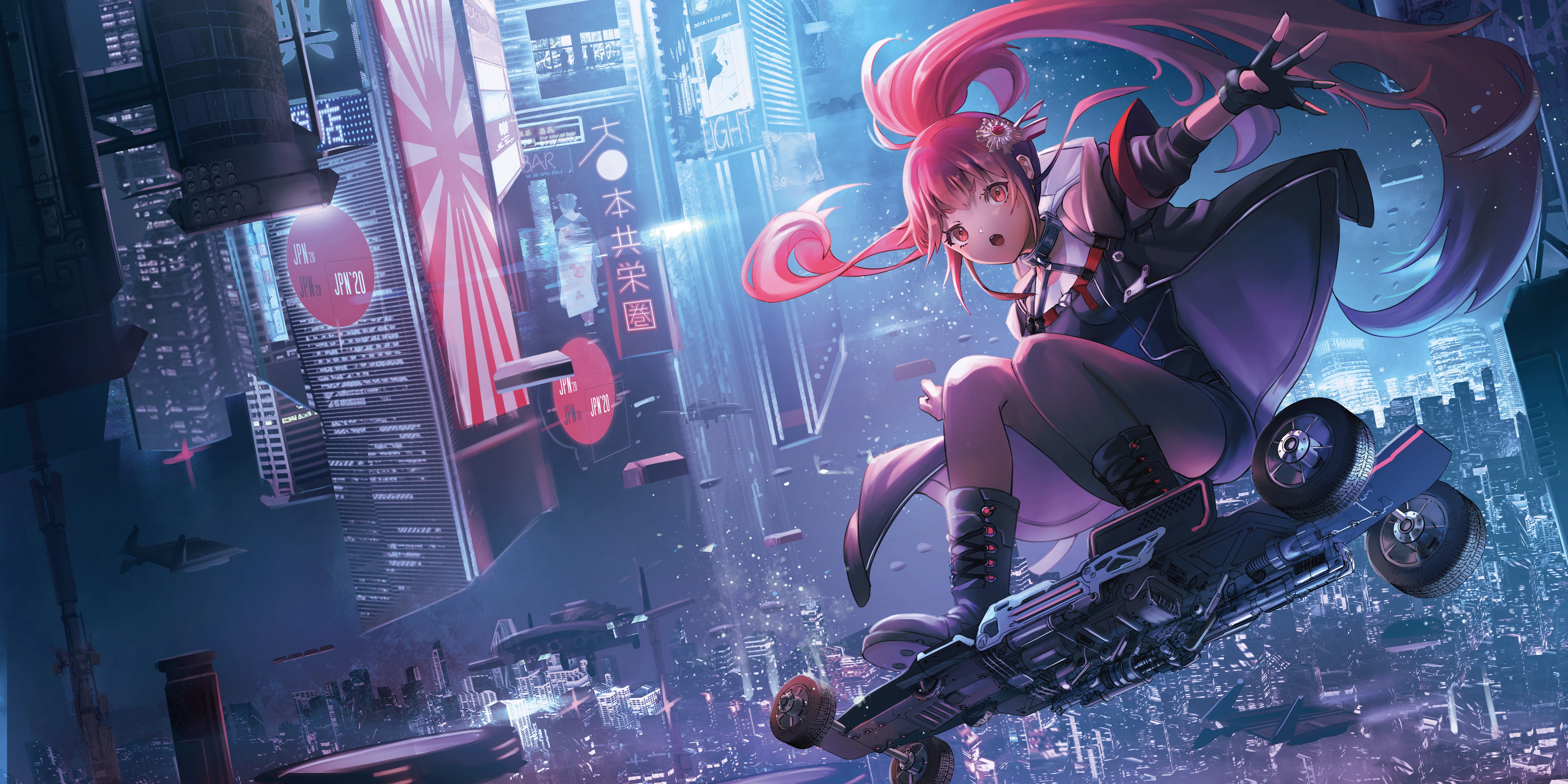 4K, Cityscape, Redhead, Artwork, Digital Art, Anime, Red Eyes, Ponytail, O Sd!, Portrait, 2D, Skateboard, Anime Girls Gallery HD Wallpaper