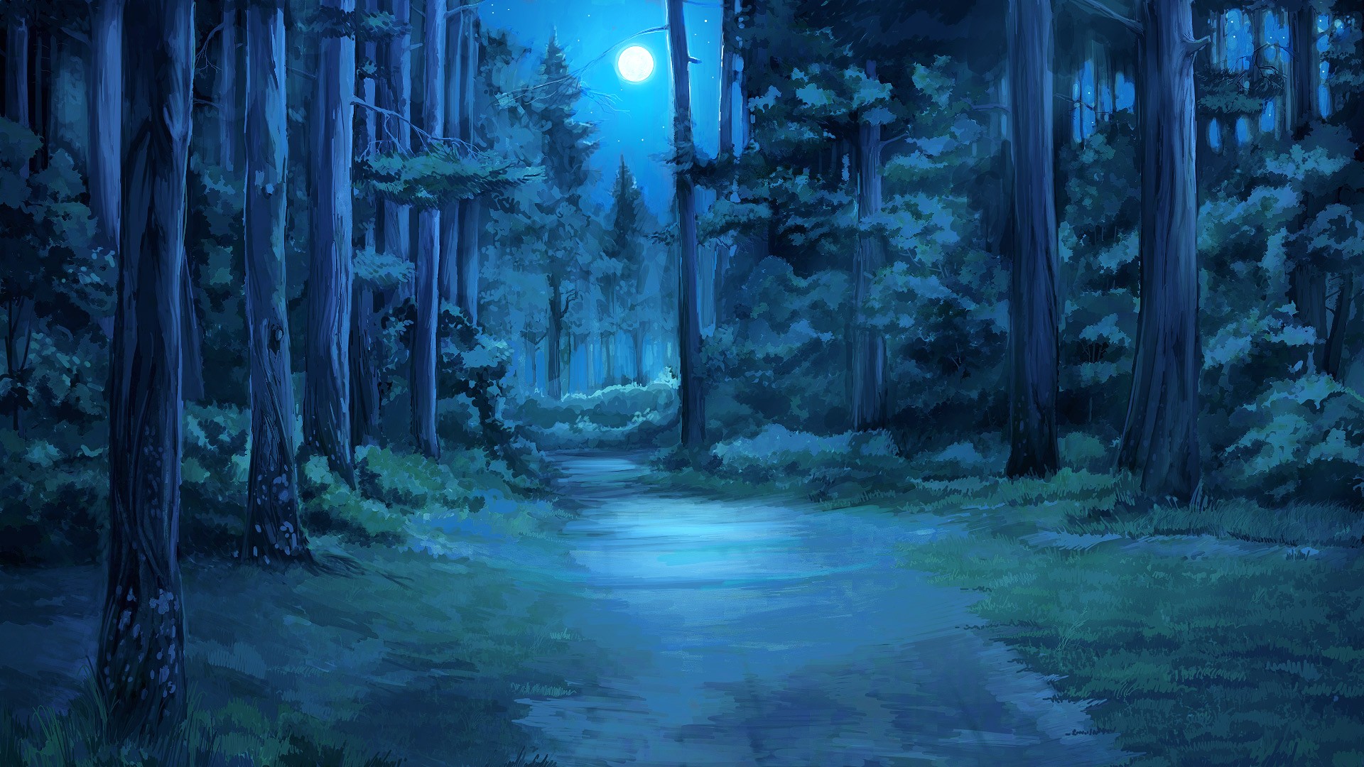 Everlasting Summer Moon Moonlight Forest Clearing Blue Night Path Wallpaper:1920x1080