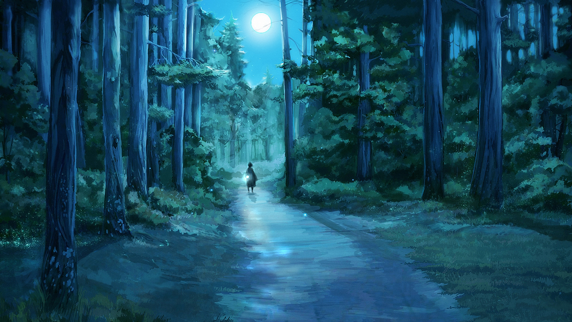 pattern, Forest, Night, The, Moon, The, Path, The, Girl, A, Flashlight, Fireflies, Tree Wallpaper HD / Desktop and Mobile Background