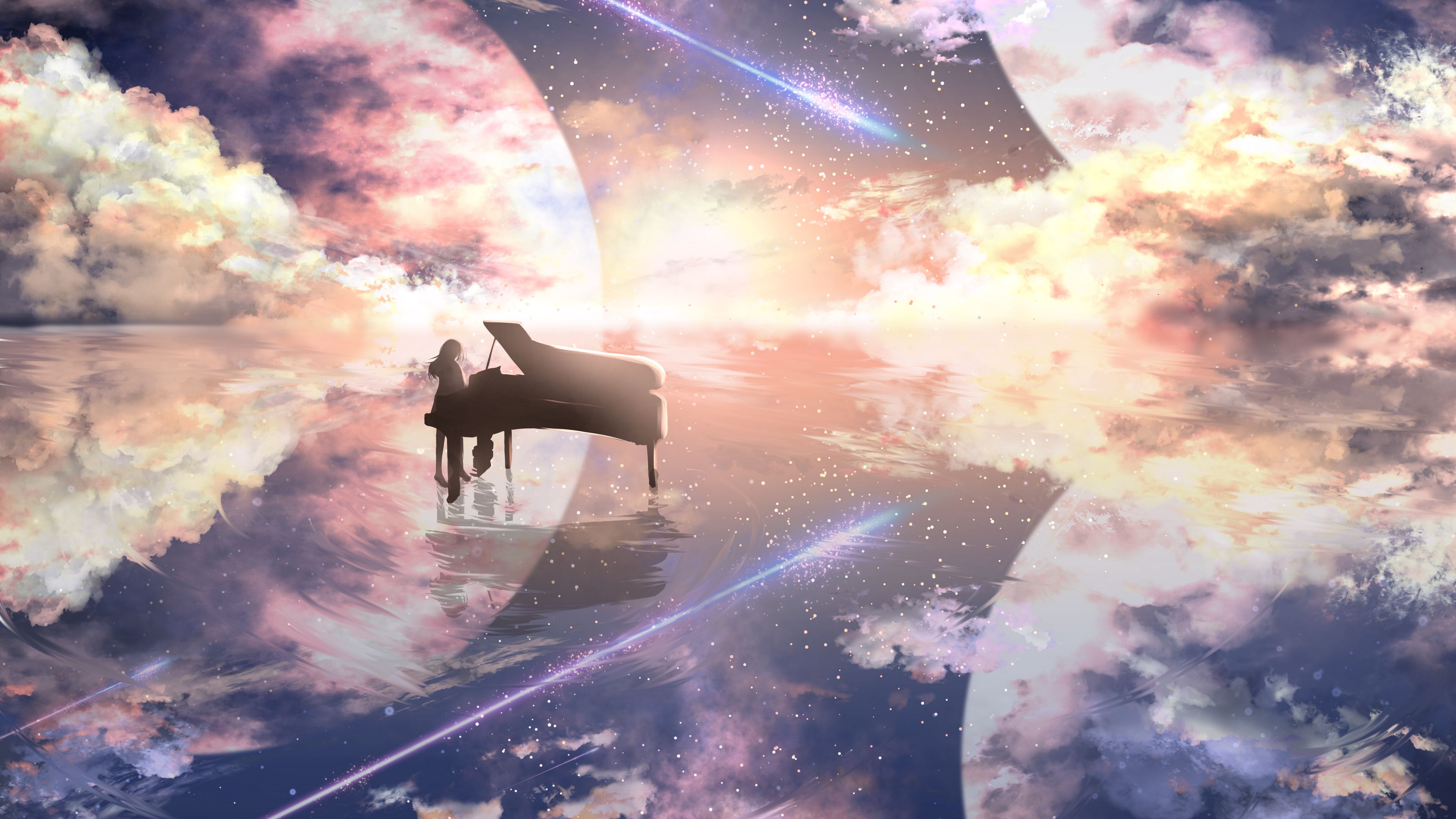 Download wallpaper 3840x2160 piano, silhouette, space, illusion, anime 4k uhd 16:9 HD background
