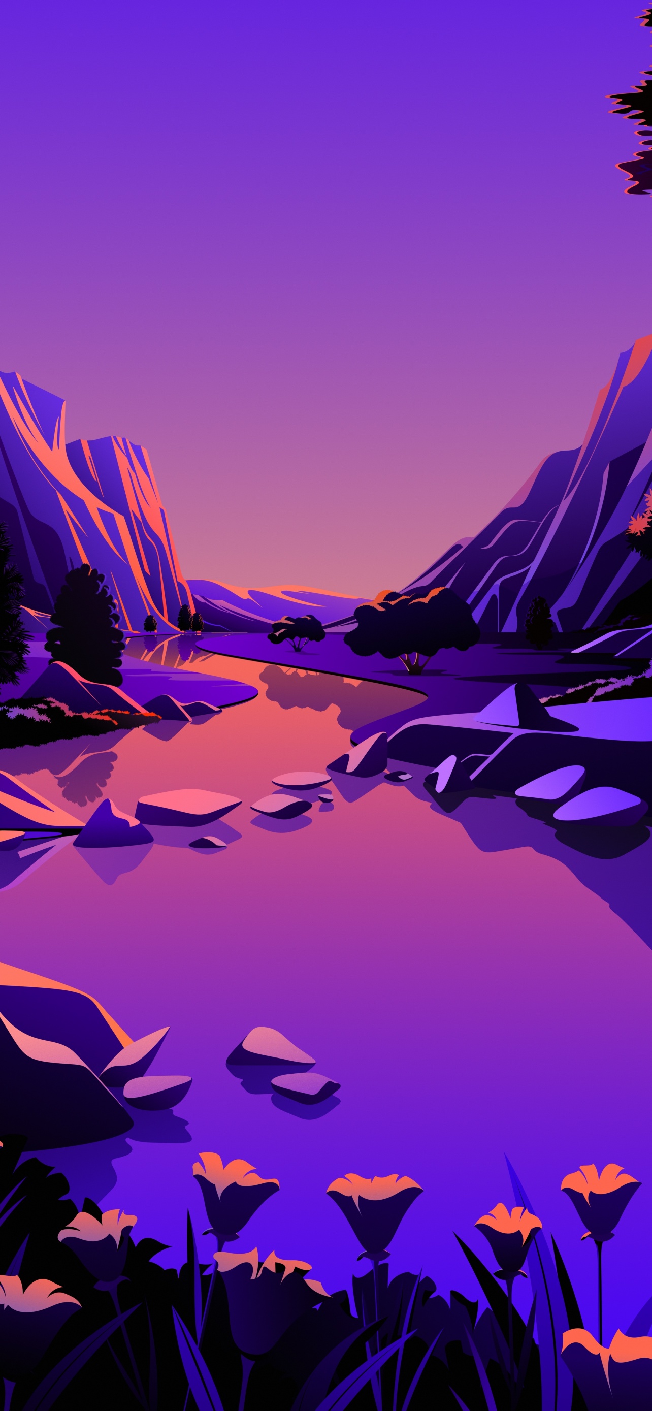 Lake Wallpaper 4K, Mountains, Rocks, Twilight, Sunset, Purple sky, Nature