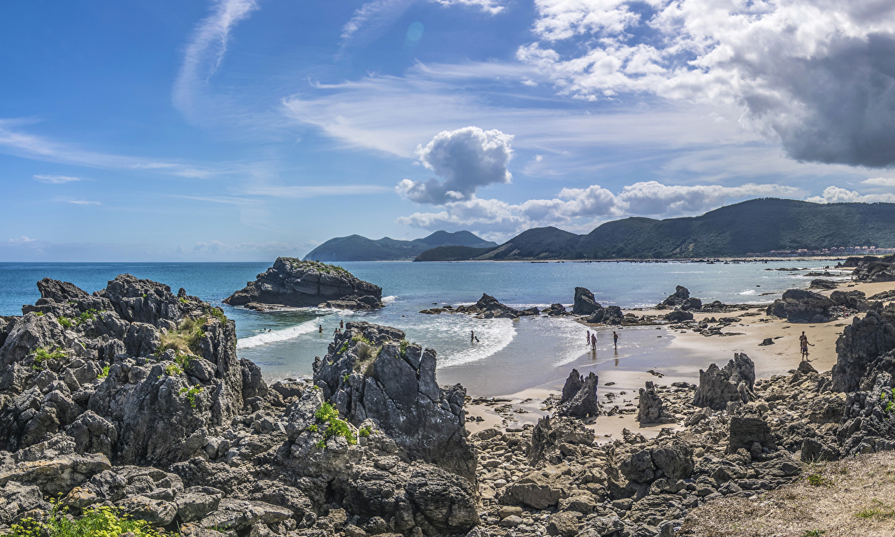 Desktop Wallpaper Spain Cantabria Crag Nature Waves Bay Coast