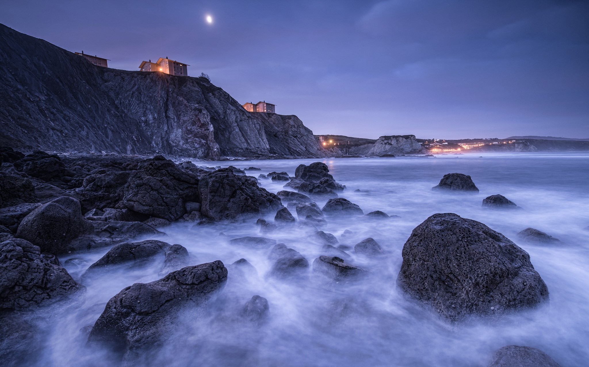 Bay of Biscay, Coast, Stones, Spain, Crag, Night Gallery HD Wallpaper