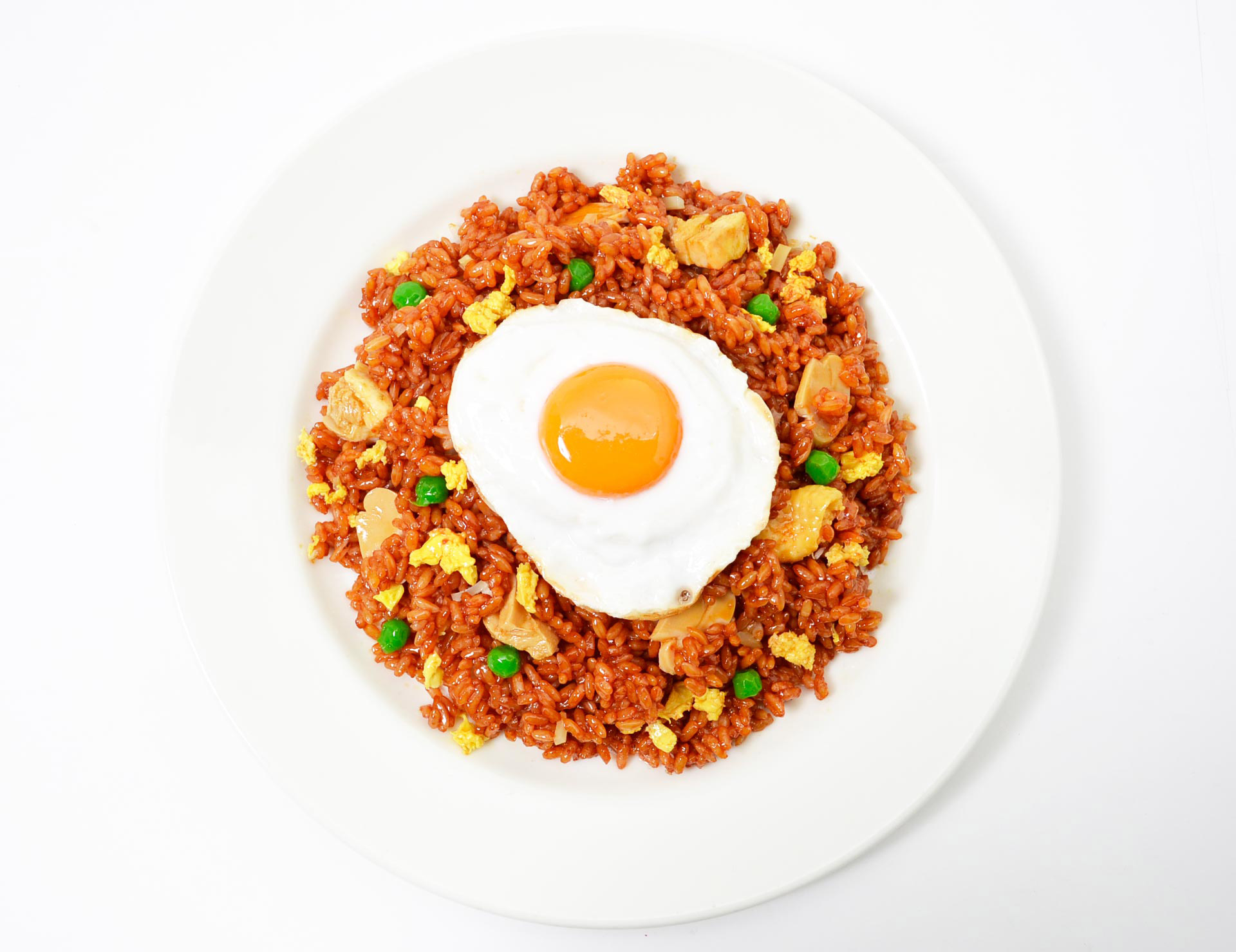Download free photo of Nasi goreng, fried rice, fried egg, food, white back
