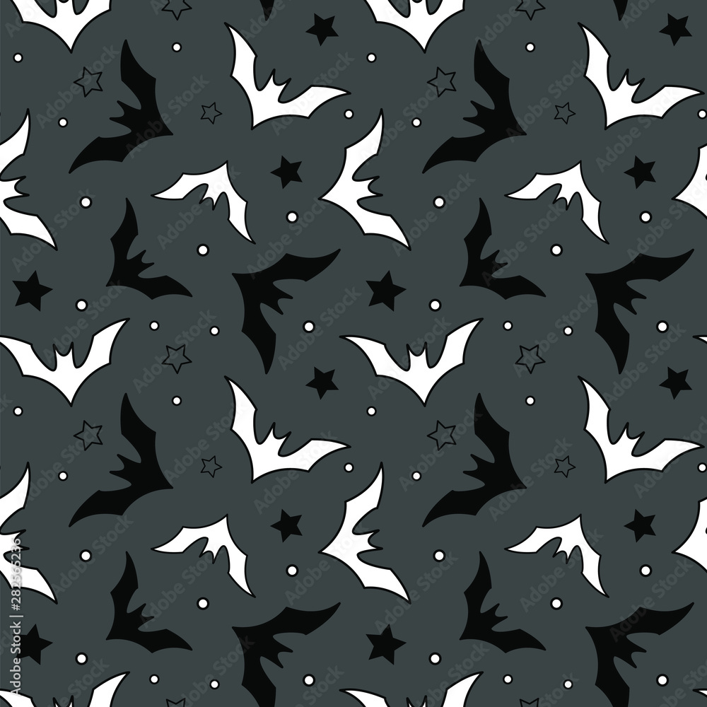 Vector seamless Halloween pattern with black and white bats on gray background. Simple design for gift box, greeting card, wallpaper, fabric, web design. Stock Vector