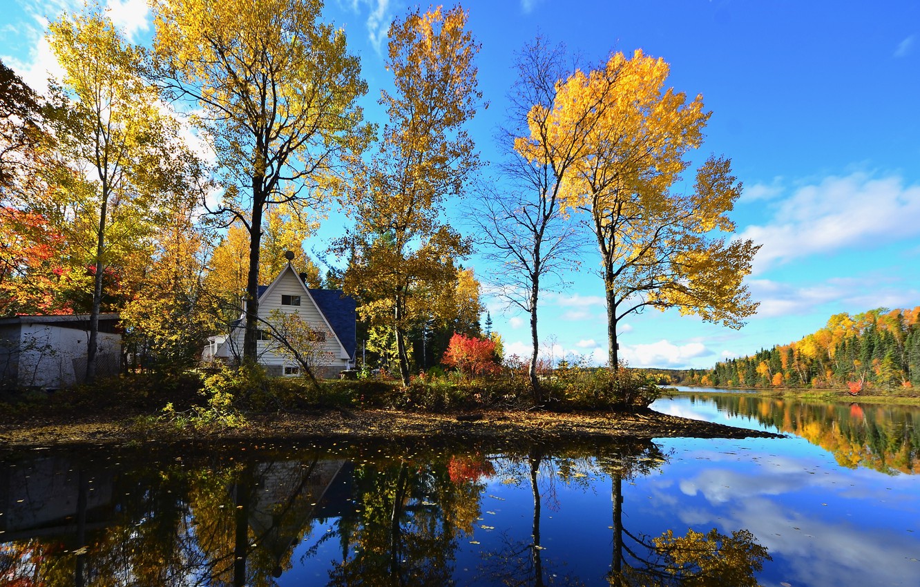 Wallpaper autumn, forest, trees, landscape, nature, lake, house, shore, Canada, cottage, QC, Alain Audet image for desktop, section пейзажи