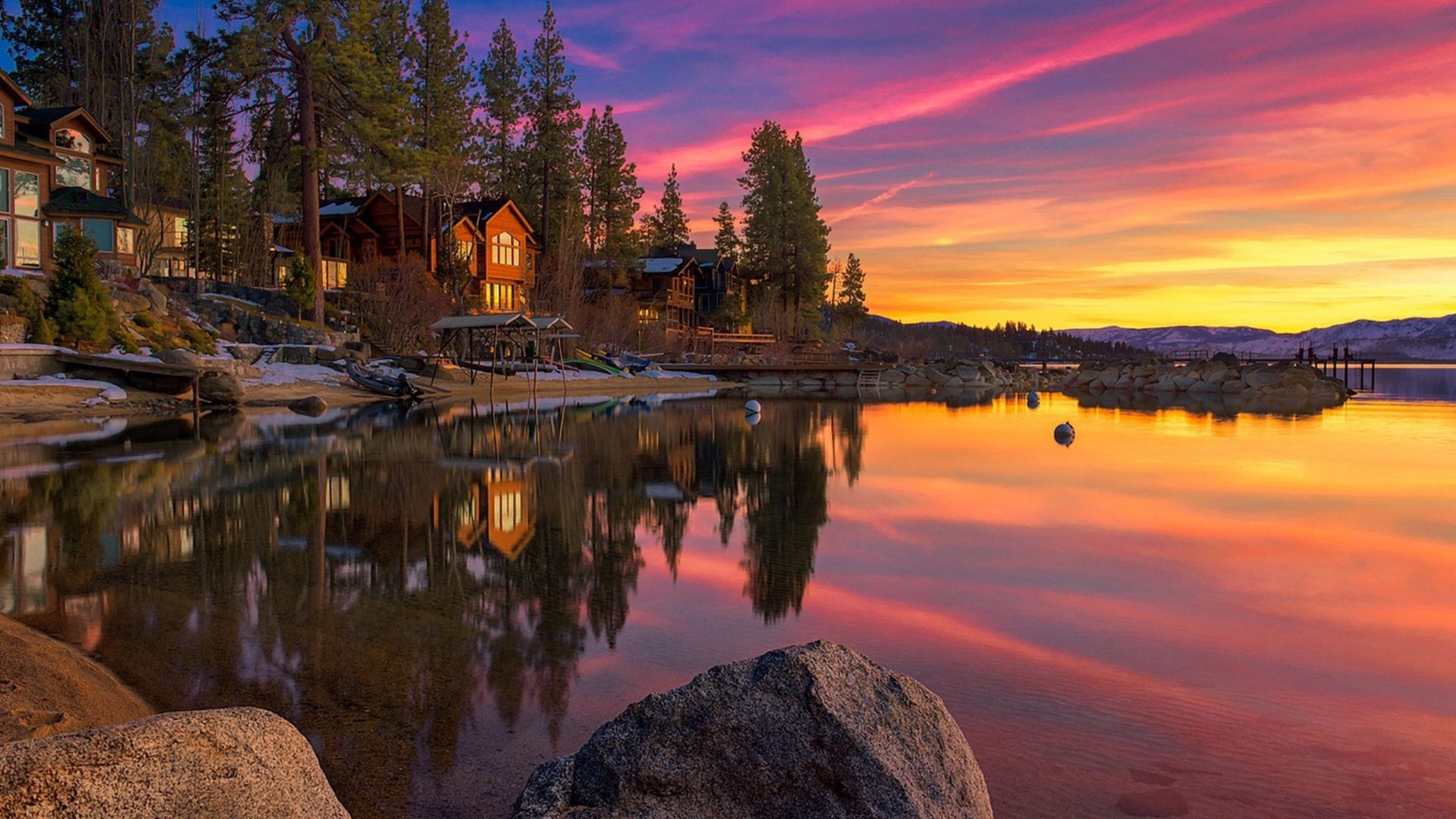 Landscape Lake House Rocks Sunset