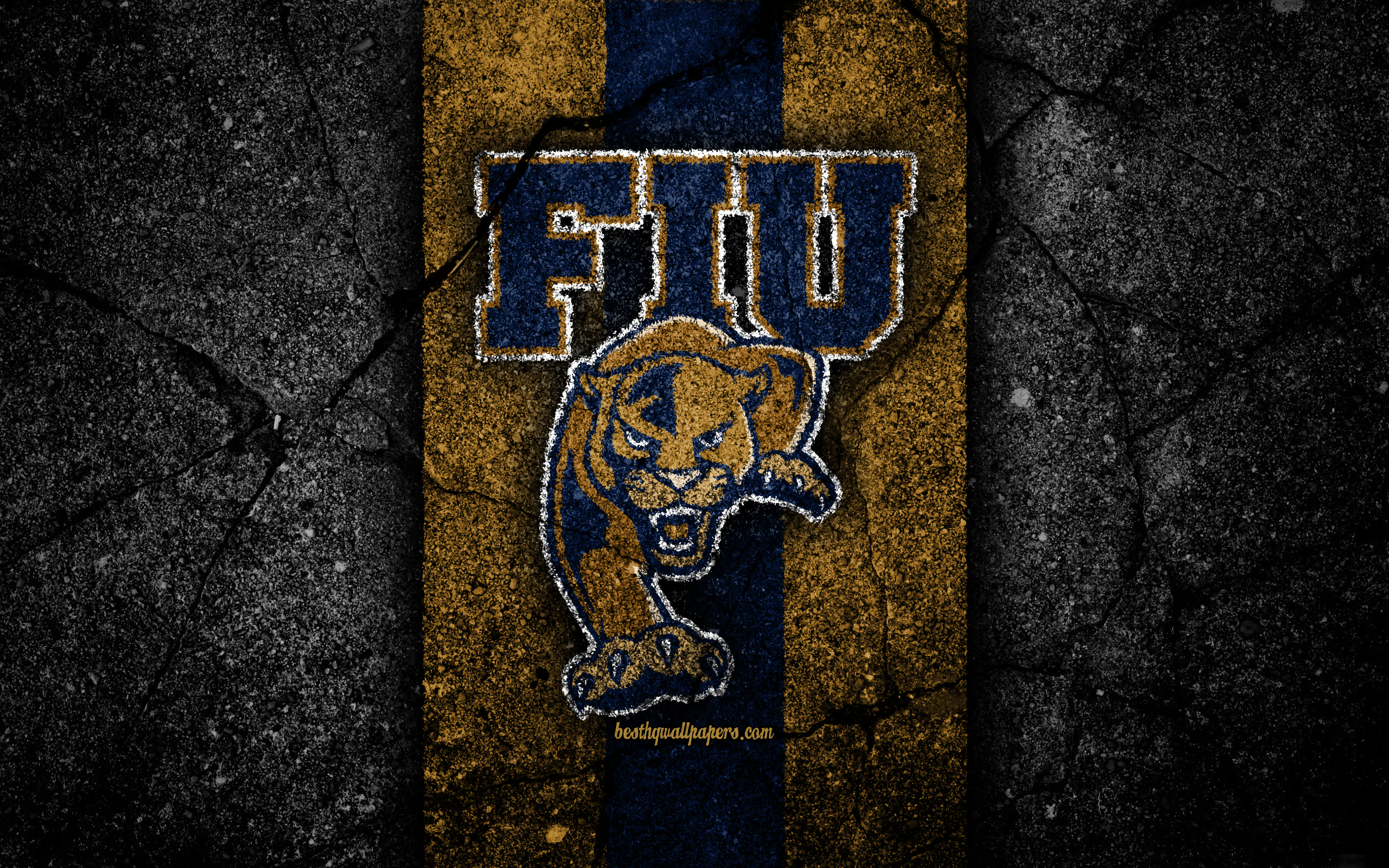 Download wallpaper FIU Panthers, 4k, american football team, NCAA, yellow black stone, USA, asphalt texture, american football, FIU Panthers logo for desktop with resolution 3840x2400. High Quality HD picture wallpaper