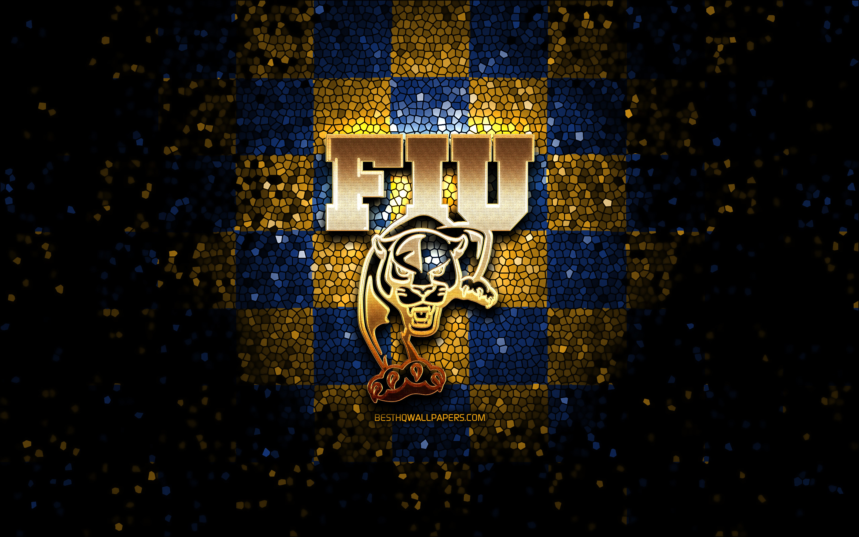 Download wallpaper FIU Panthers, glitter logo, NCAA, blue yellow checkered background, USA, american football team, FIU Panthers logo, mosaic art, american football, America for desktop with resolution 2880x1800. High Quality HD picture