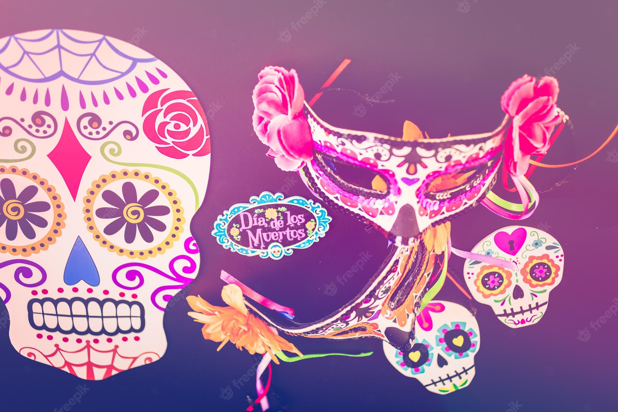 Premium Photo. Decorations for traditional mexican holiday day of the dead on a black background