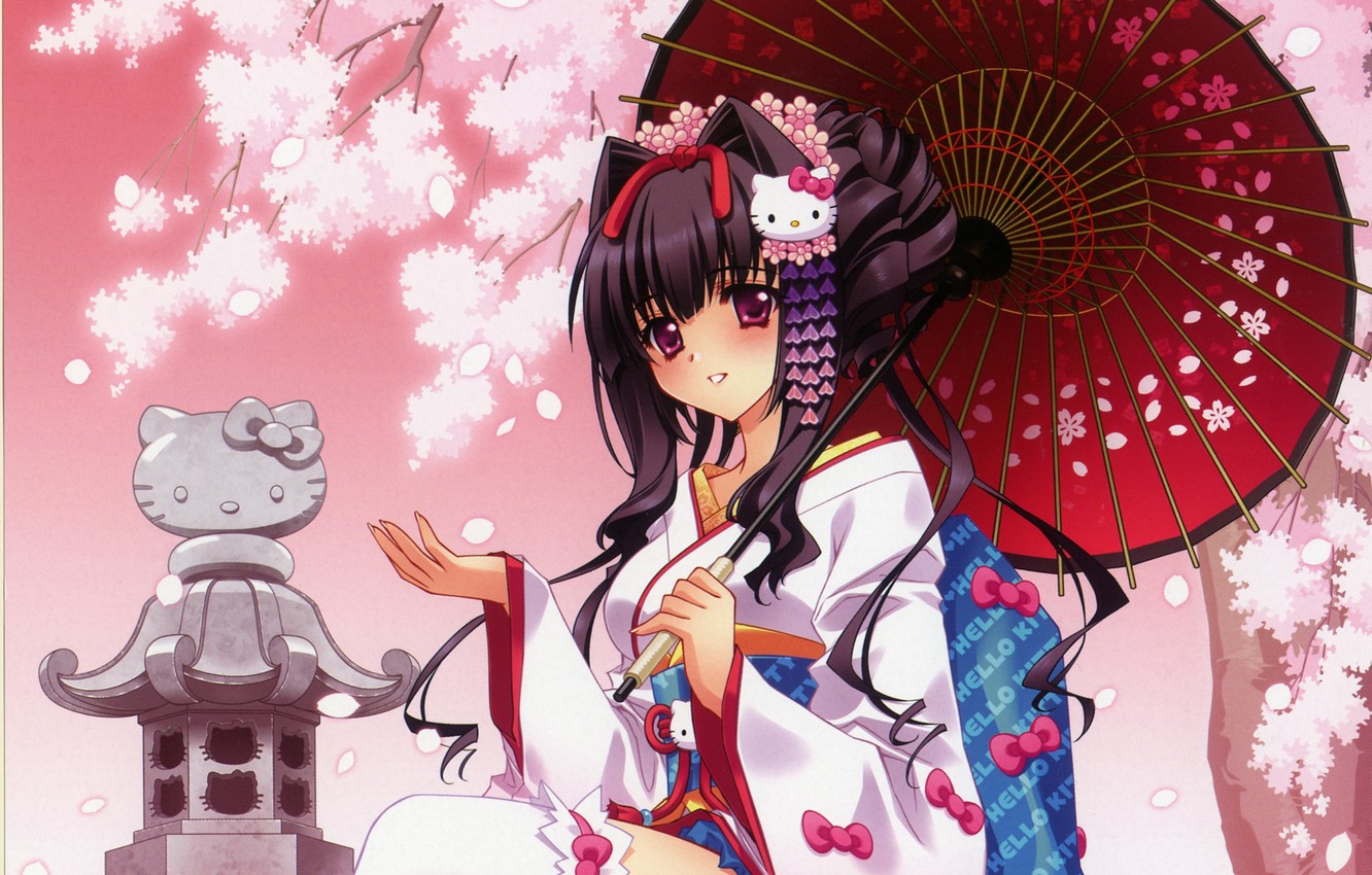 Wallpaper girl, sakura, kitty, hello, kimono, memoirs of a geisha image for desktop, section прочее