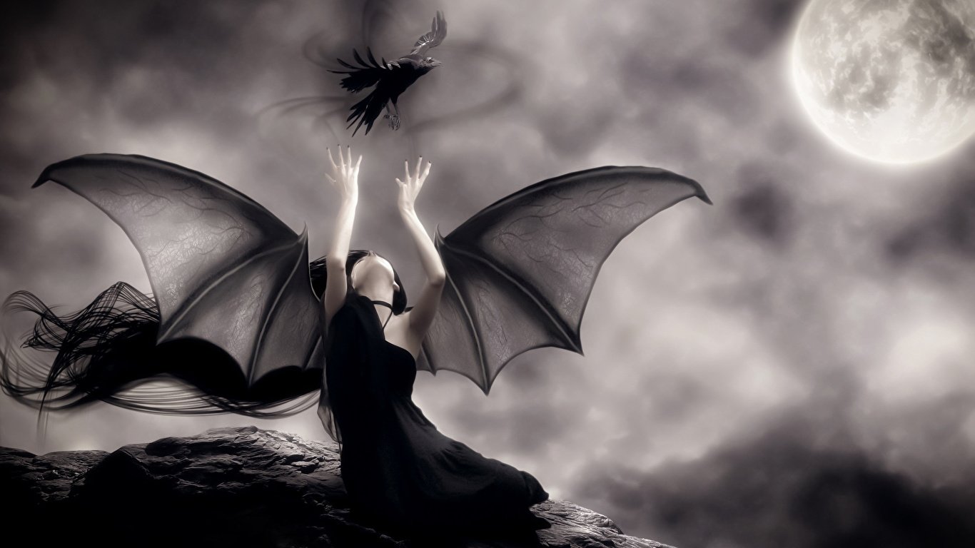 Picture Crows vampire Gothic Fantasy Wings Fantasy Moon 1366x768