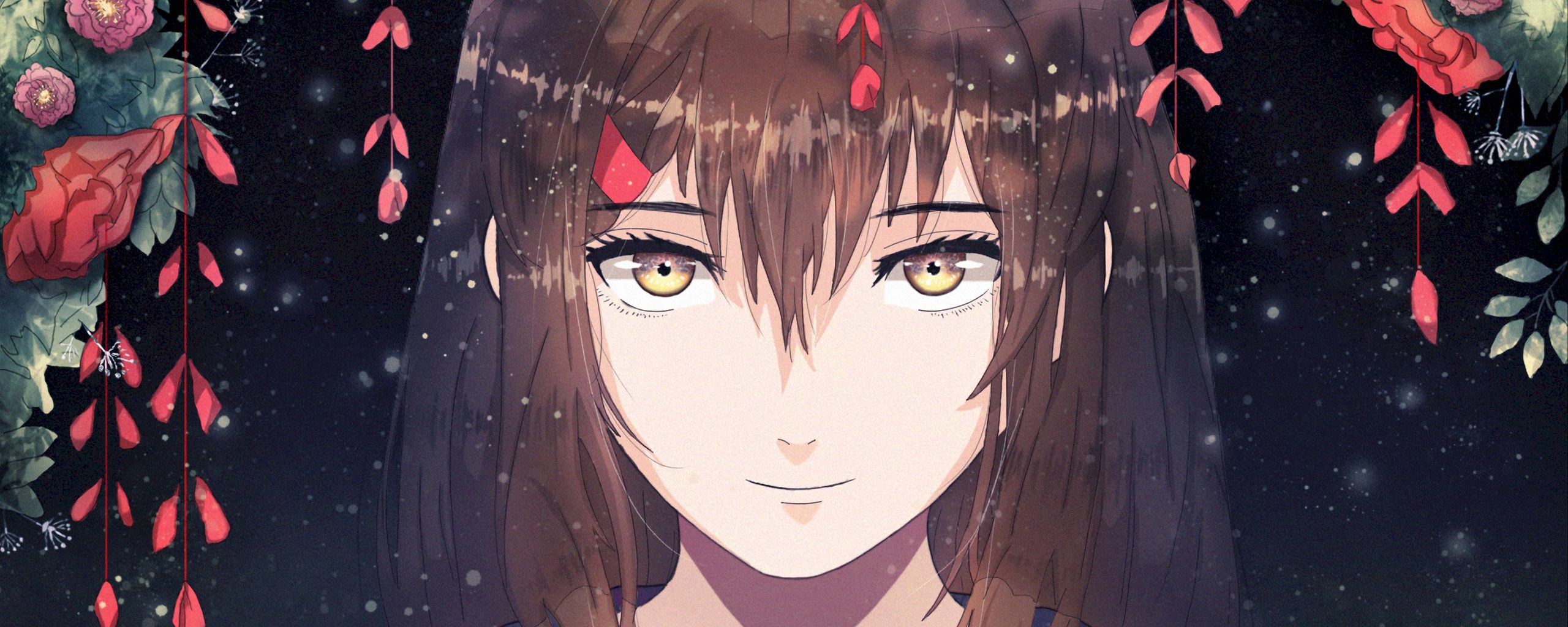 Download wallpaper 2560x1024 girl, anime, smile, sweet, flowers ultrawide monitor HD background