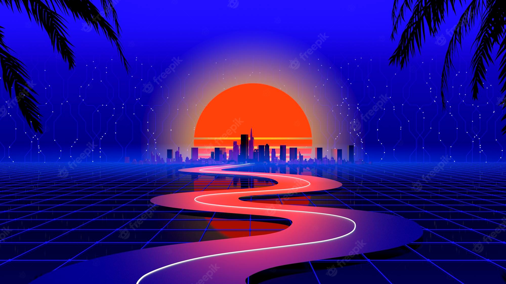 Premium Photod retro wave city background neon night landscape with a futuristic city in the style 80s