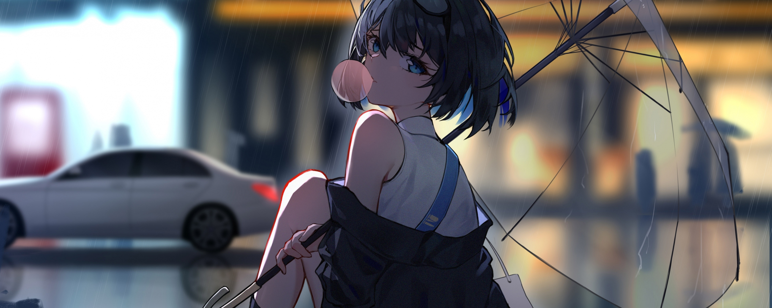 Download wallpaper 2560x1024 enjoying rain, anime girl, dual wide 21:9 2560x1024 HD background, 25093