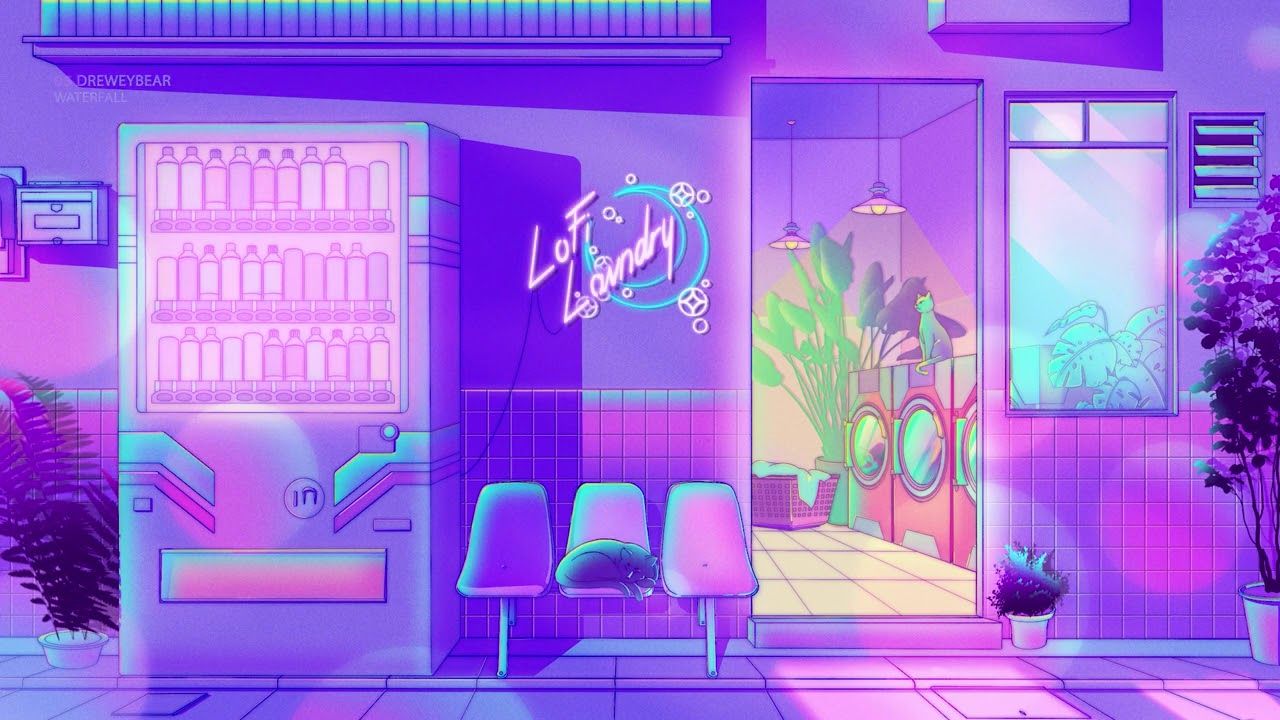 lofi laundry shop. [lofi / jazzhop / chill mix]. Vaporwave wallpaper, Purple aesthetic, Witchy wallpaper